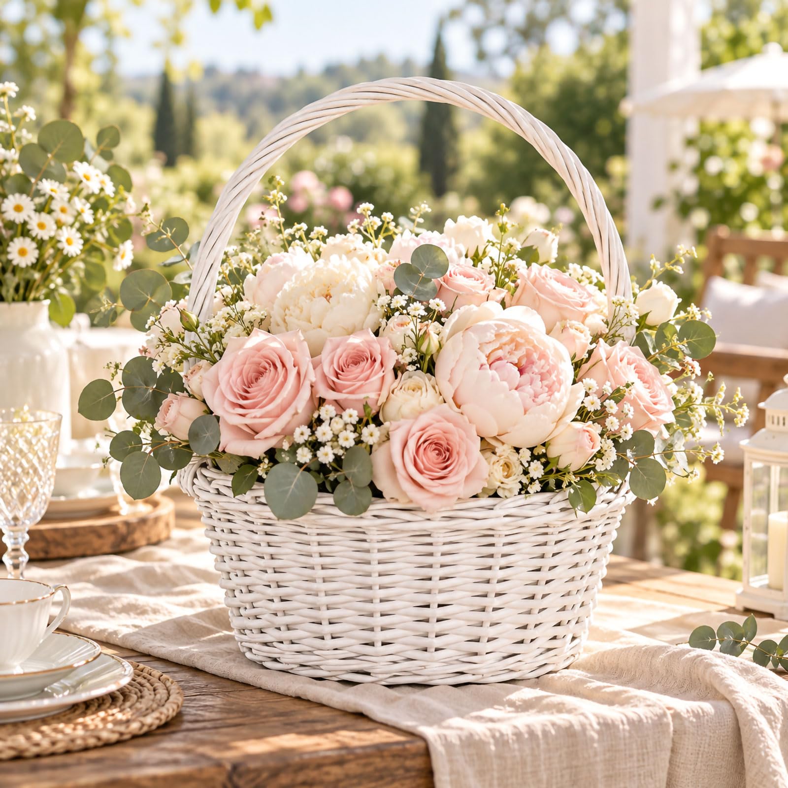 Cestino in rattan intrecciato con manici per picnic e gite, D