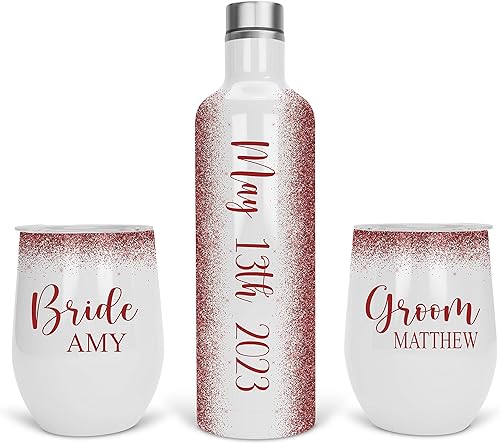 Miniatura 5 de Vaso de vino personalizado, regalo de vaso de vino, vasos de vino de acero inoxidable, paquete de 2 unidades de 12 onzas y 1 botella de vino