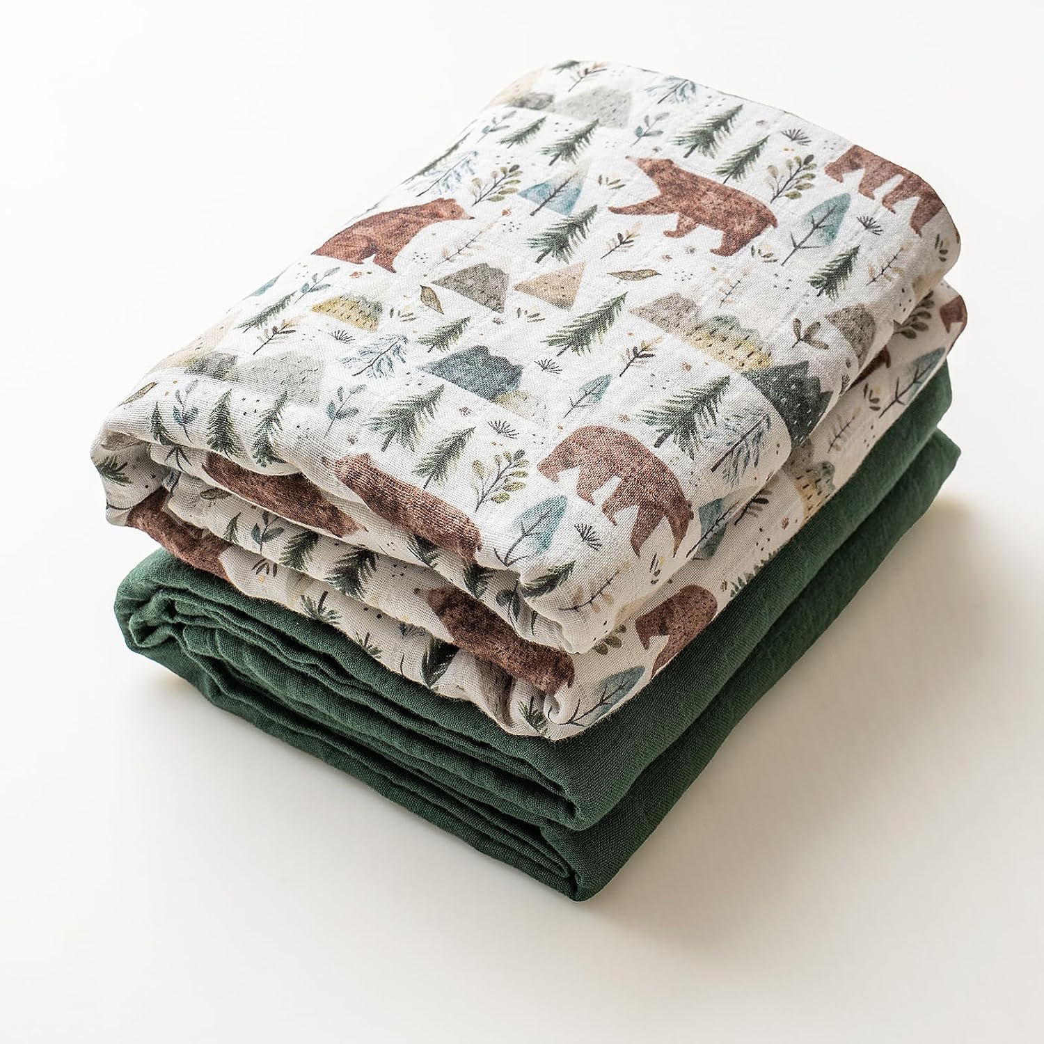Miaoberry GOTS Certified Organic Muslin Swaddle Blankets, 2 Pack Baby Receiving Blankets, Soft Breathable Cotton Swaddles for Newborn Boys & Girls, Forest Bear & Green