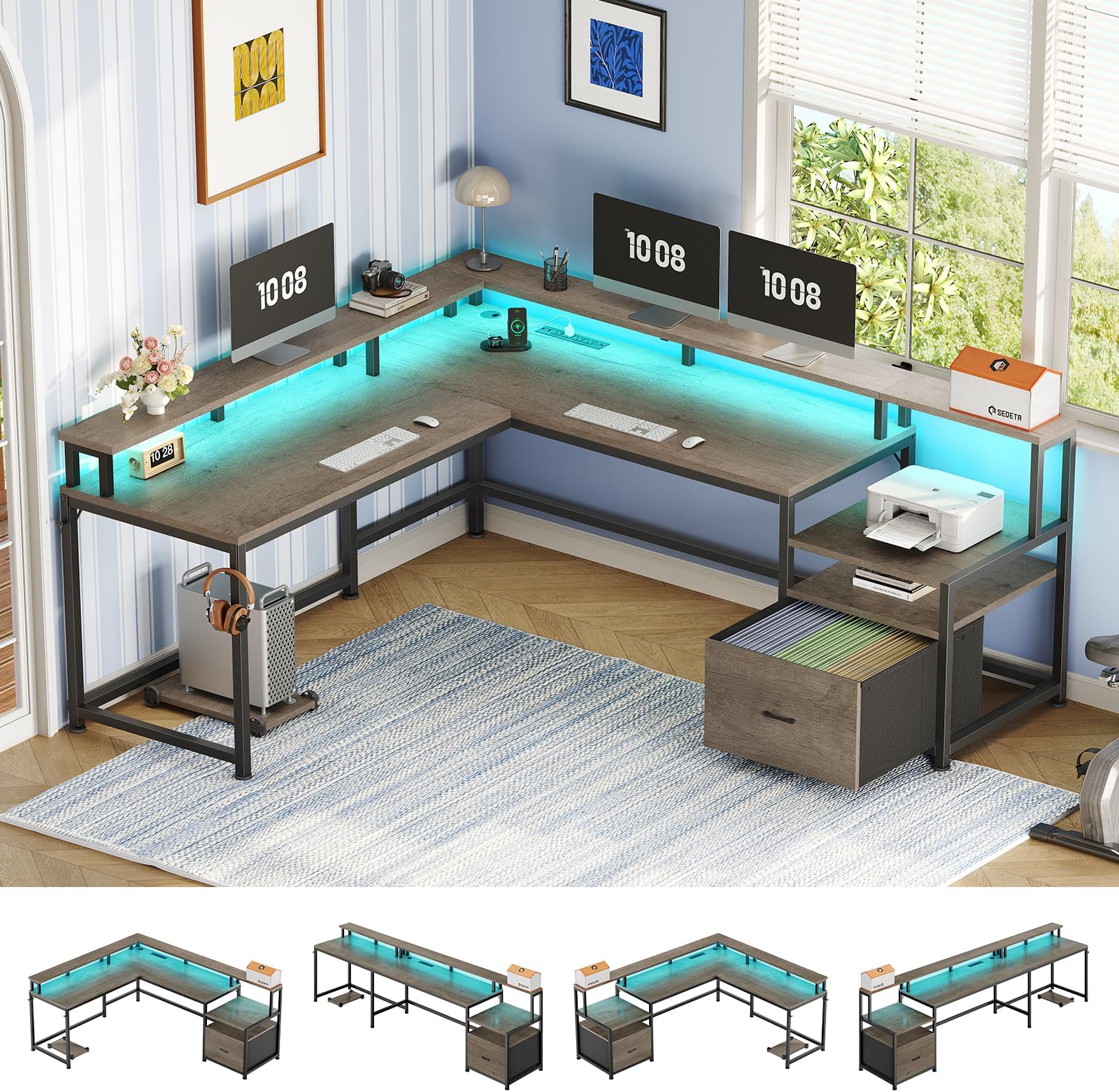 66" L Shaped Desk with Power Outlet, Reversible Home Office Computer Desk with File Drawer & Monitor Shelf, Storage Shelves, LED Lights for Corner Small Spaces, Walnut
