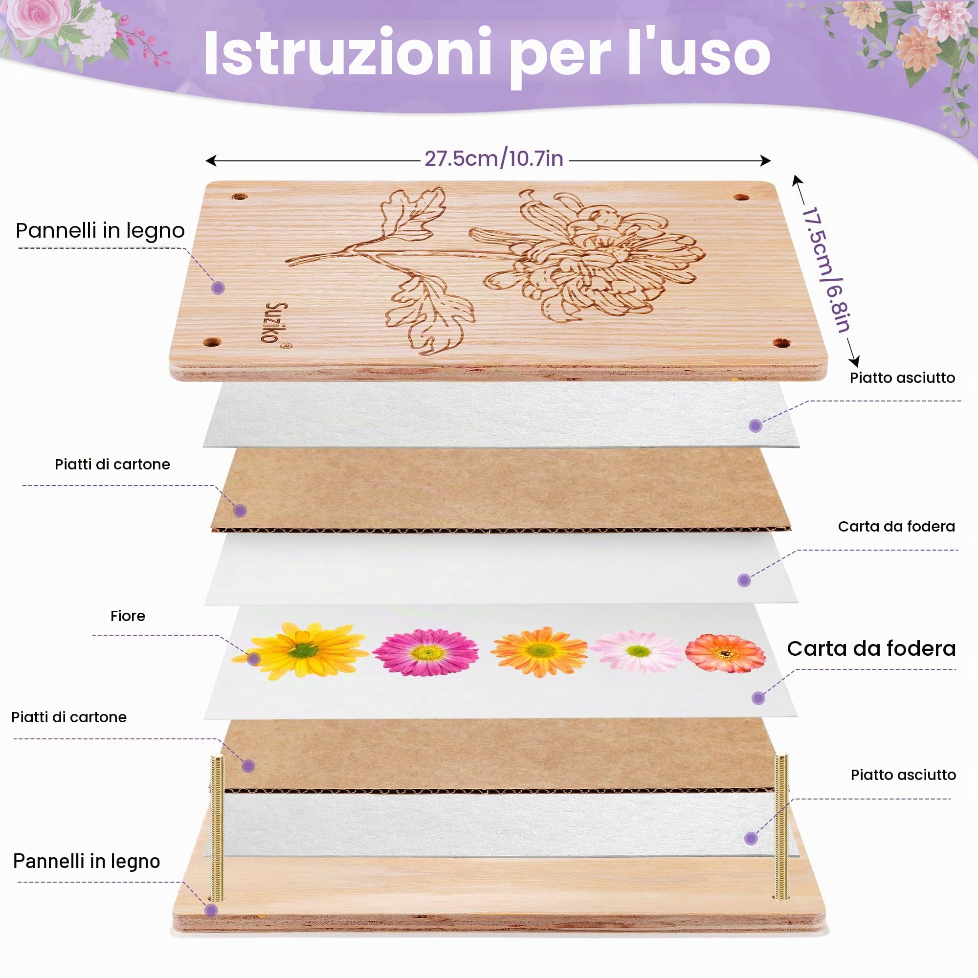 Suziko Large Flower Press Kit per adulti e bambini Kit per la conservazione dei fiori e delle piante Misura 10,8" x 6,9" Suziko Leaves Press & Flower Press è un grande regalo per gli amanti