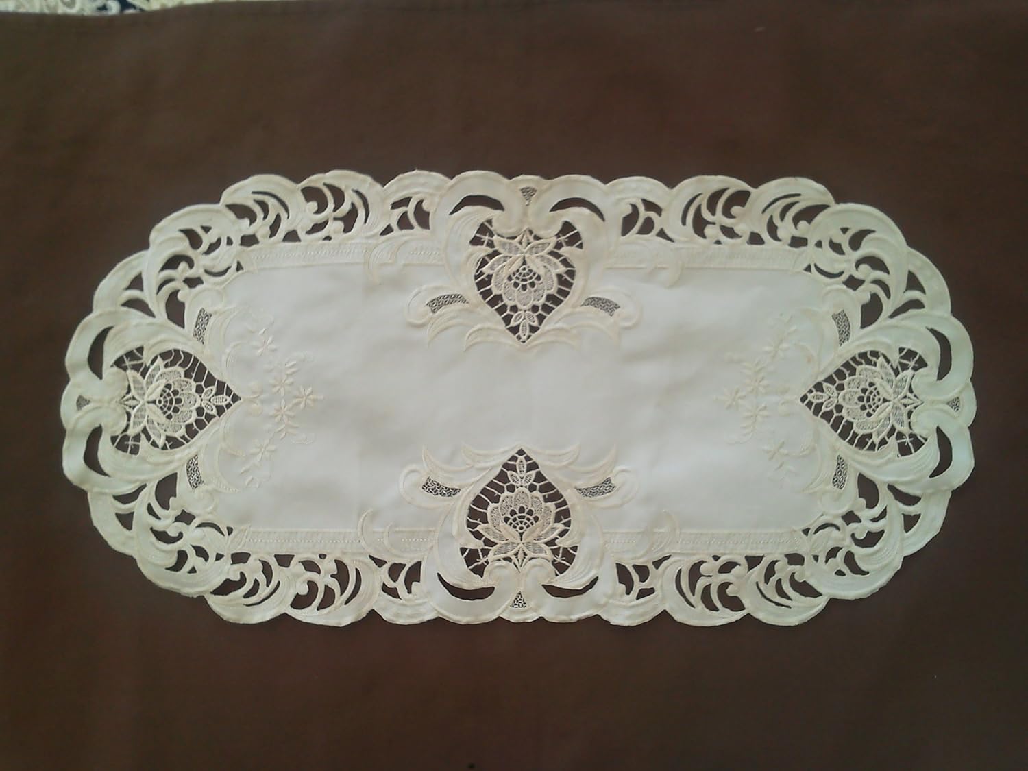 Table Runner with Ivory Lace Insets on Ivory Material, Size 54 x 15 inches