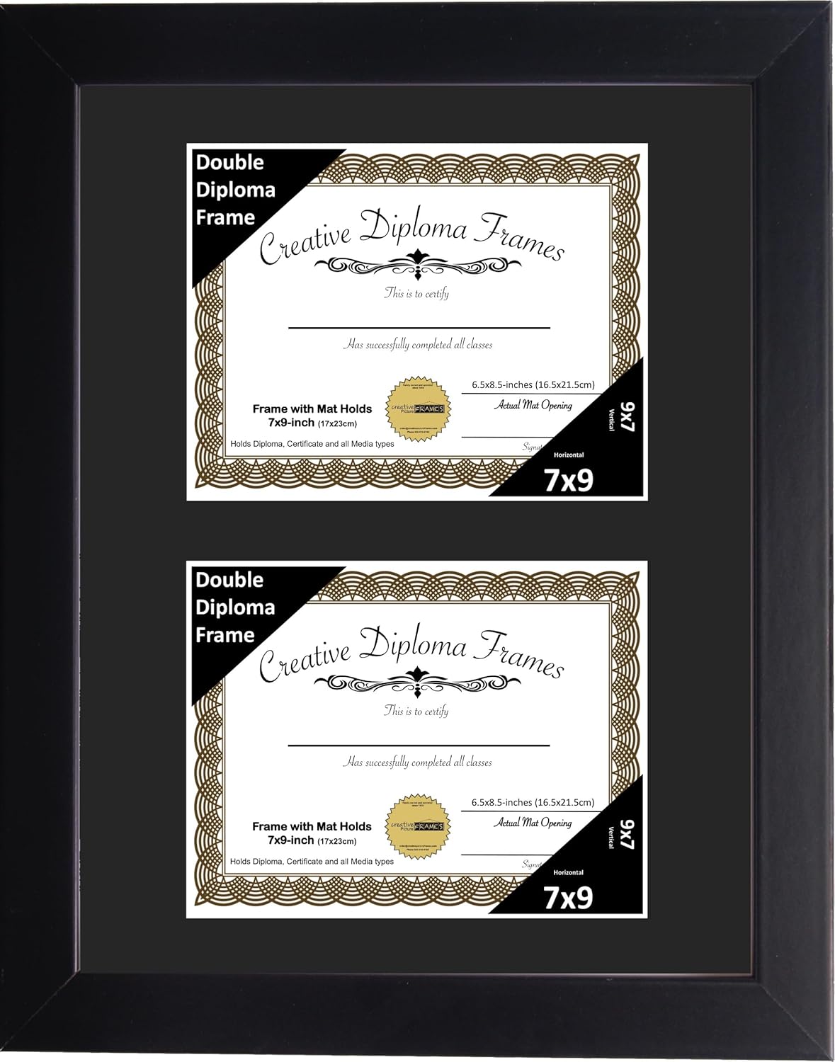 Creative Picture Frames 7x9 inch Classic Black Double Diploma Frame with Black Mat and Installed Wall Hanger