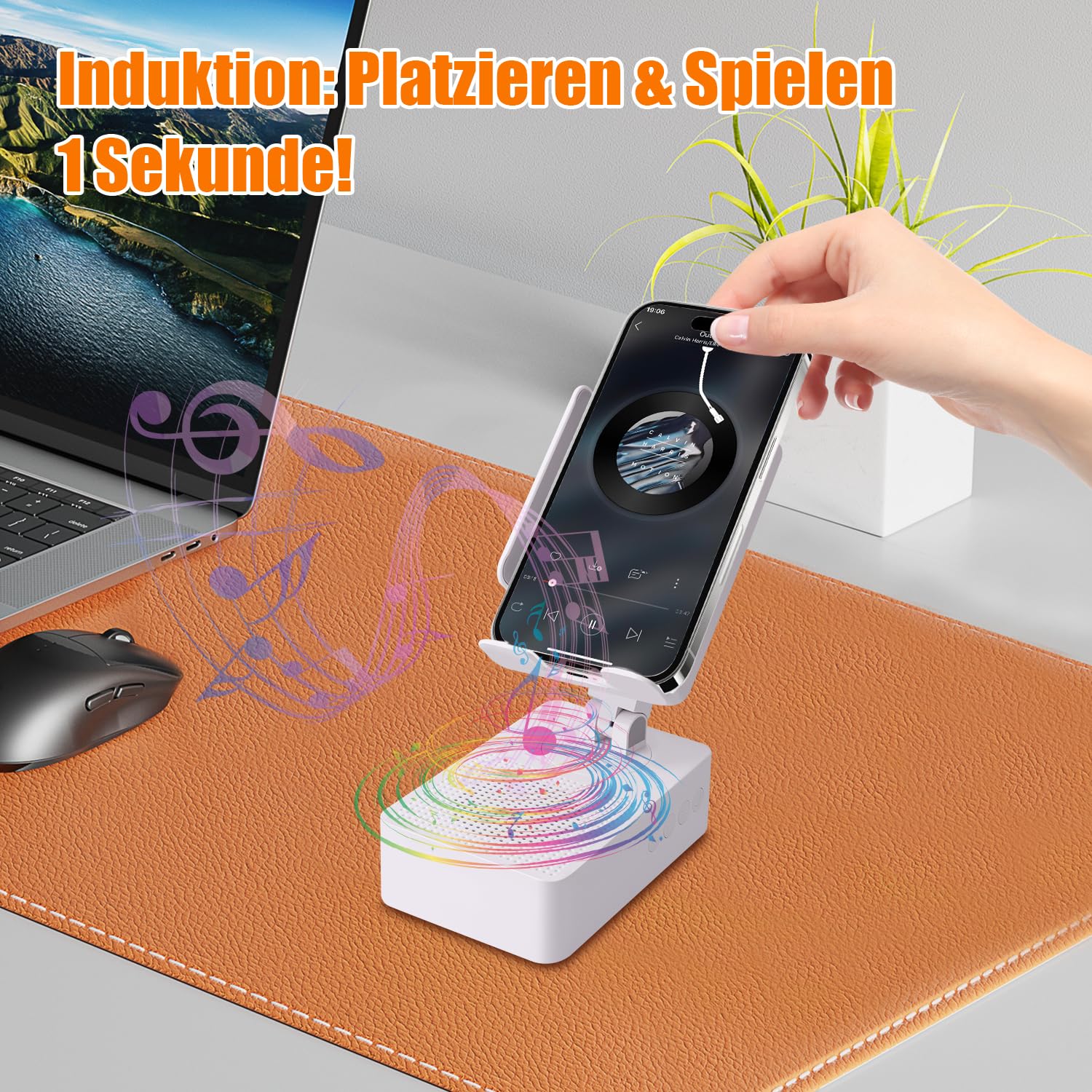 EDUPLINK Altoparlante Bluetooth con supporto per cellulare, induttivo e regolabile a 270°, per smartphone Samsung, altoparlante per cucina, ufficio, anziani, regalo per uomini, nero (bianco)