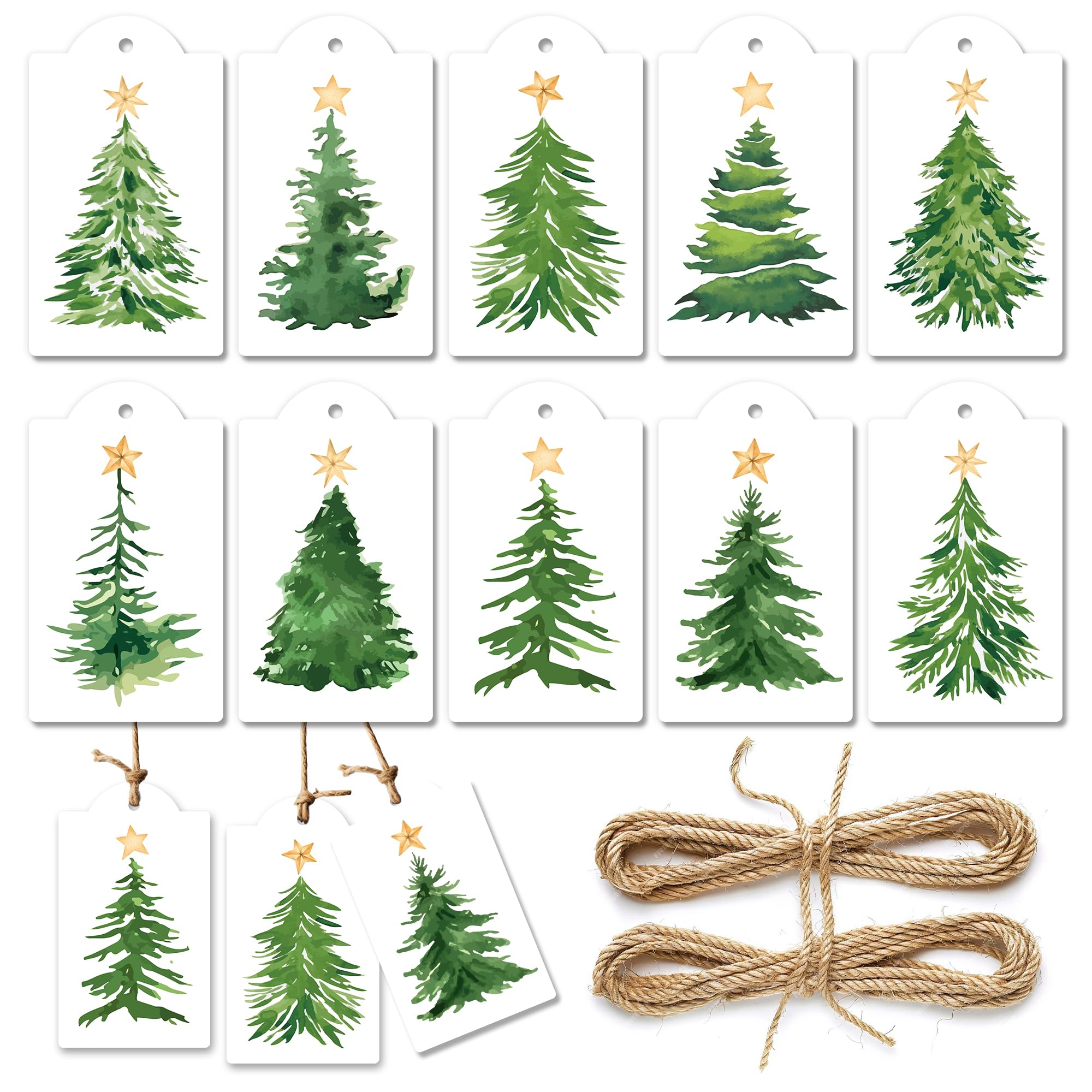 Photo 1 of 120 Pcs Christmas Tree Gift Name Tags with Hemp Rope Green Watercolor