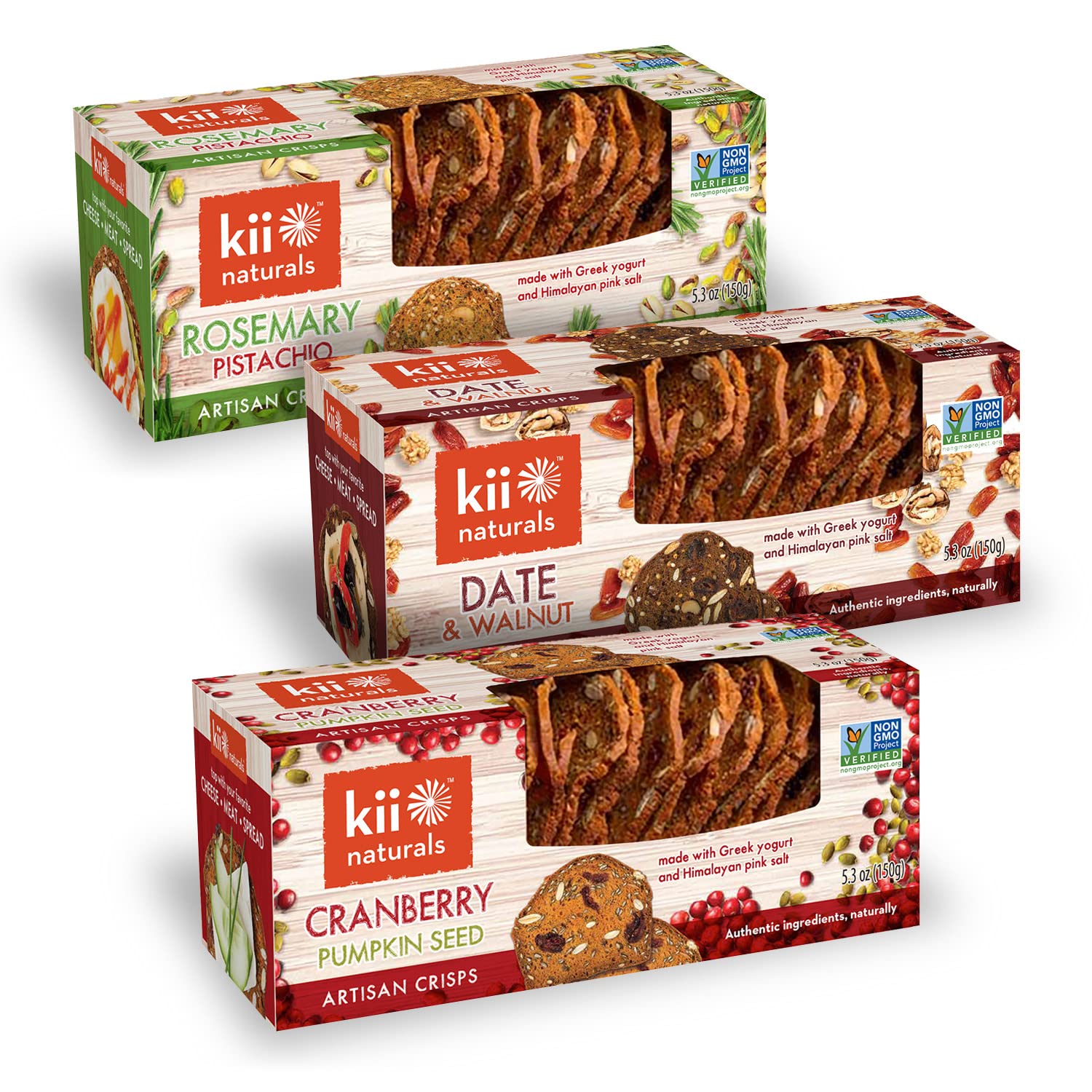 Kii Naturals Artisan Crisps, Variety Pack (Cranberry Pumpkin Seed, Date & Walnut, and Rosemary Pistachio), 5.3 Ounce Each (Pack of 3)