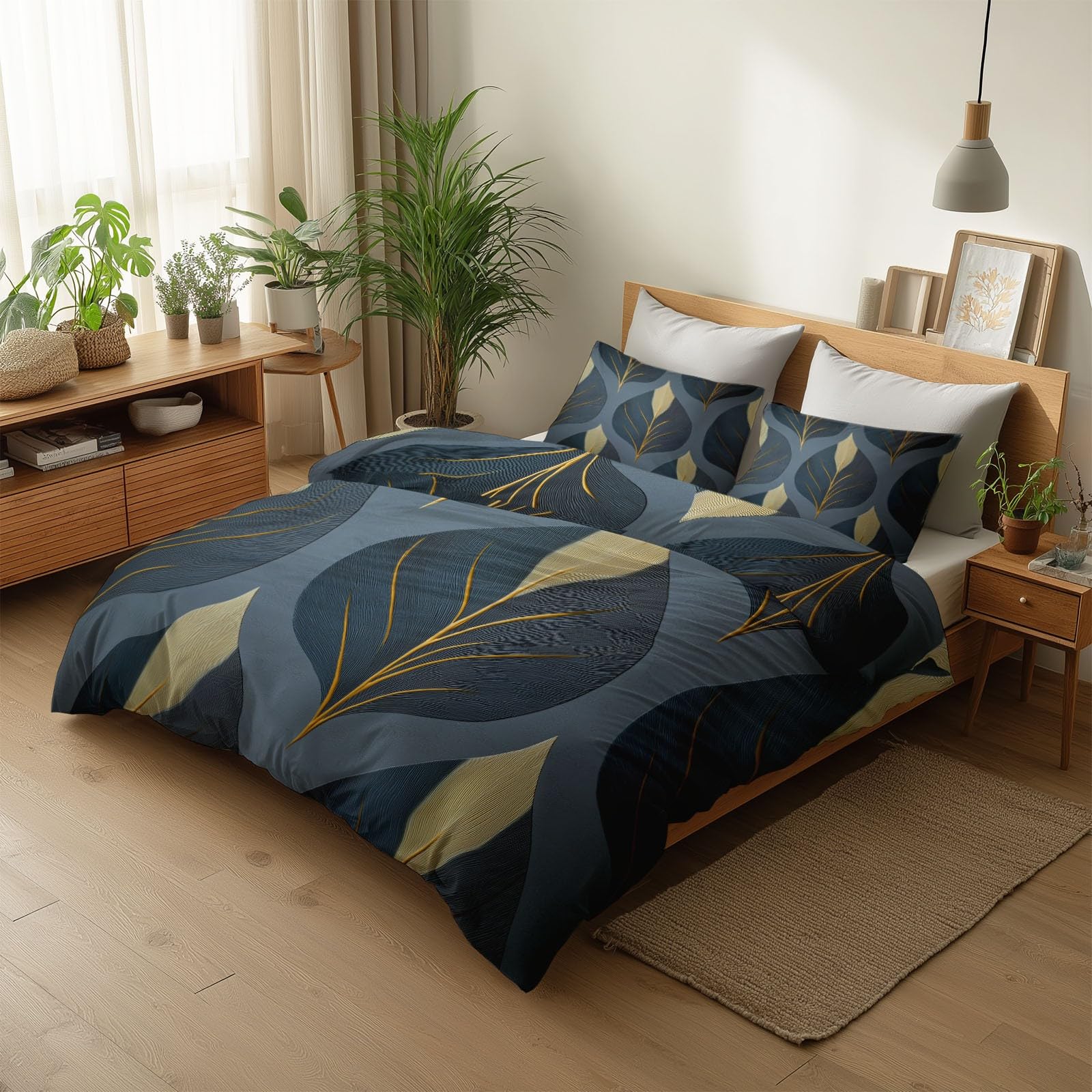 Poszwa na kołdrę 260x240 cm geometryczne liście symetrii komplet pościeli, ciemnoszara poszwa na kołdrę dla 2 osób oddychająca mikrofibra z zamkiem błyskawicznym 2 poszewki na poduszki