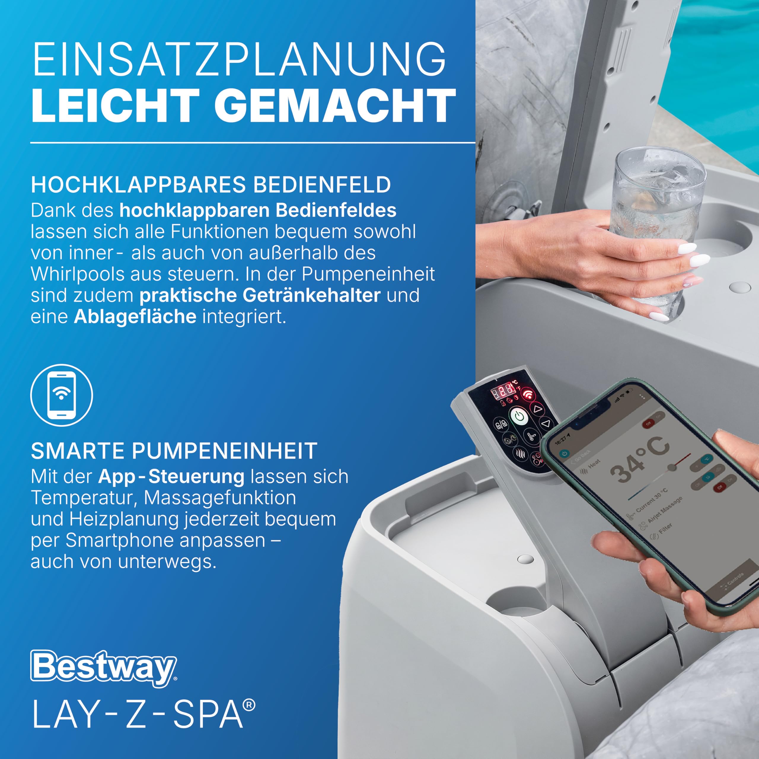 Bestway® Lay-Z-SPA® Energiespar-Whirlpool San Francisco HydroJet Pro™ mit App-Steuerung, für 7 Personen 230 x 230 x 71 cm, Marmor-Optik (Samtgrau)
