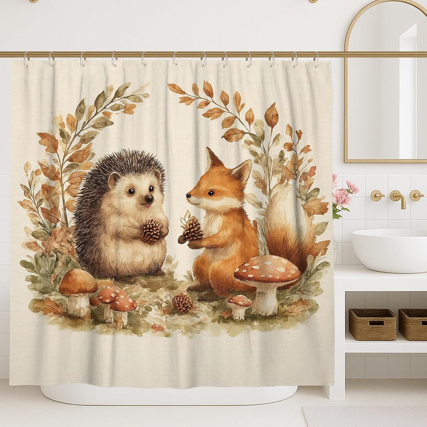 4Pcs Cute Animal Shower Curtain Set, Brown Beige Hedgehog Fox Bath Mat Rugs Accessories for Bathroom Decor, Autumn Modern Waterproof Shower Curtain with Hooks 72x72 Inch