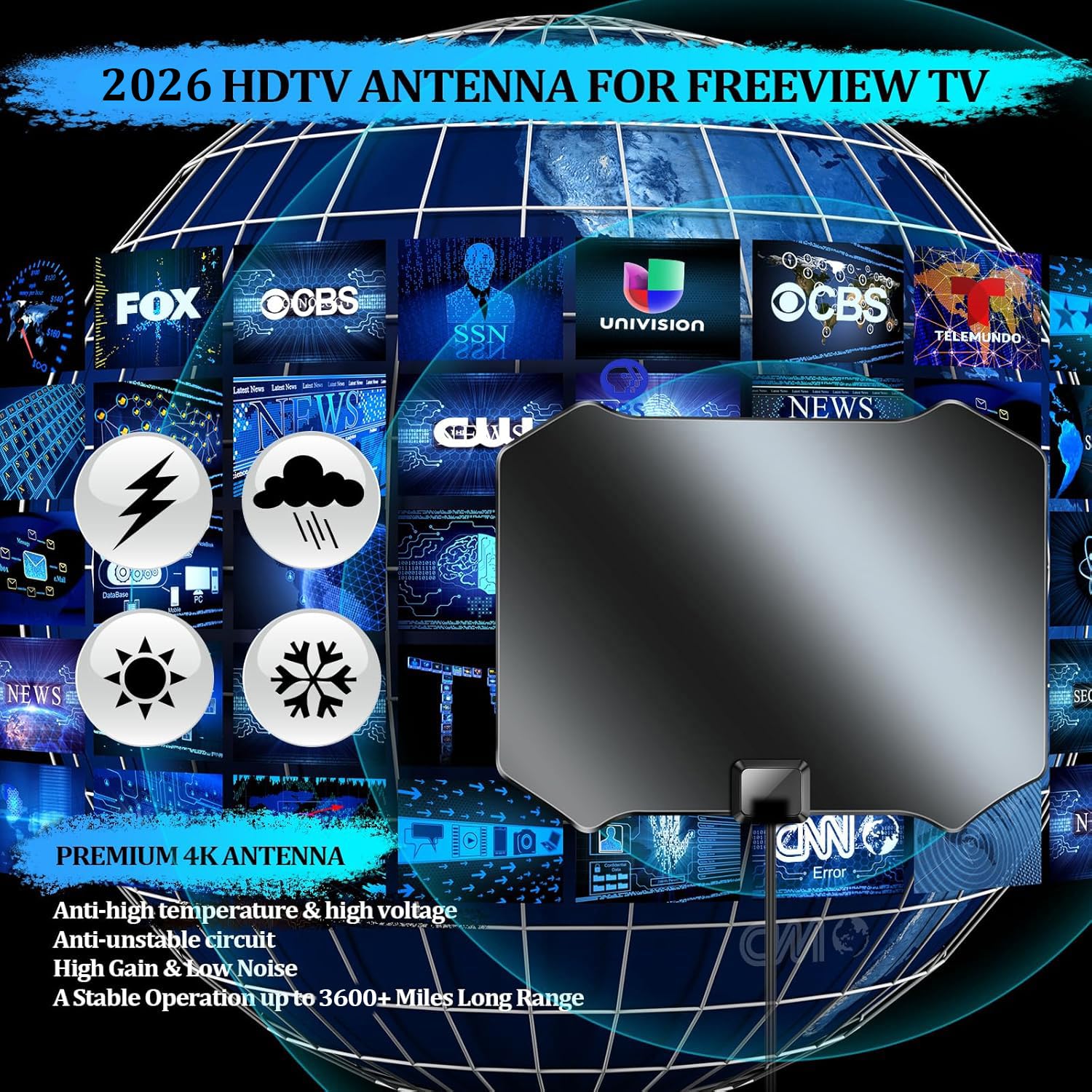 Antenna TV 2026 per Smart TV, antenna interna per canali locali fino a 5000+ miglia, antenna TV digitale con amplificatore di segnale, cavo coassiale 4K 1080p - 4 m