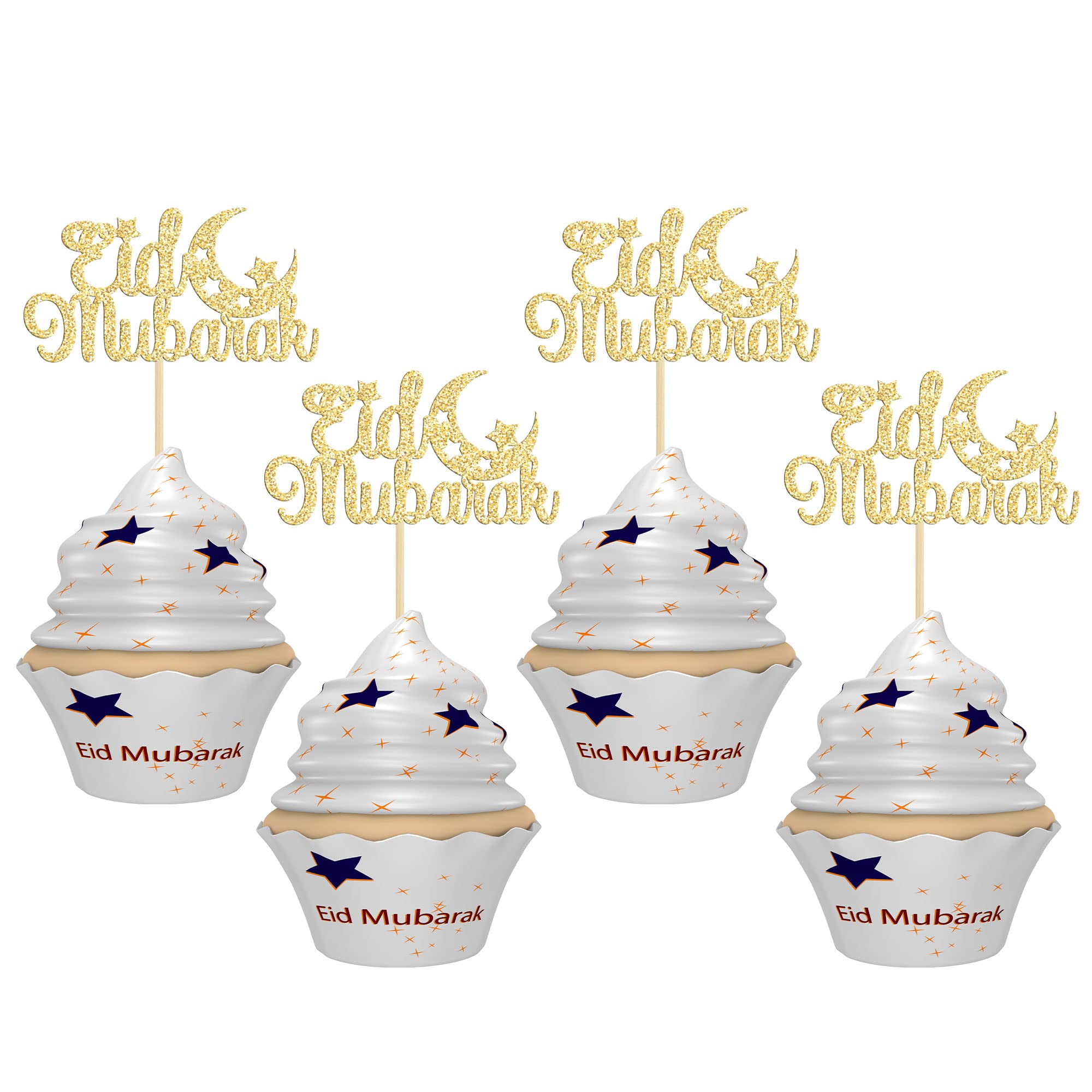 Gyufise 24Pcs Eid Mubarak Cupcake Toppers Gold Glitter Moon Star Ramadan Kareem Cupcake Picks Decorations for Eid Islamic Muslim Theme Party Supplies