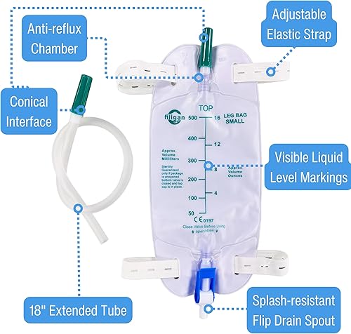 Miniatura 2 de Paquete de 10 bolsas de catéter fáciles de tocar  16.9 fl oz con tubo de 18 pulgadas, válvula antirreflujo, correas de tela ajustables y drenaje