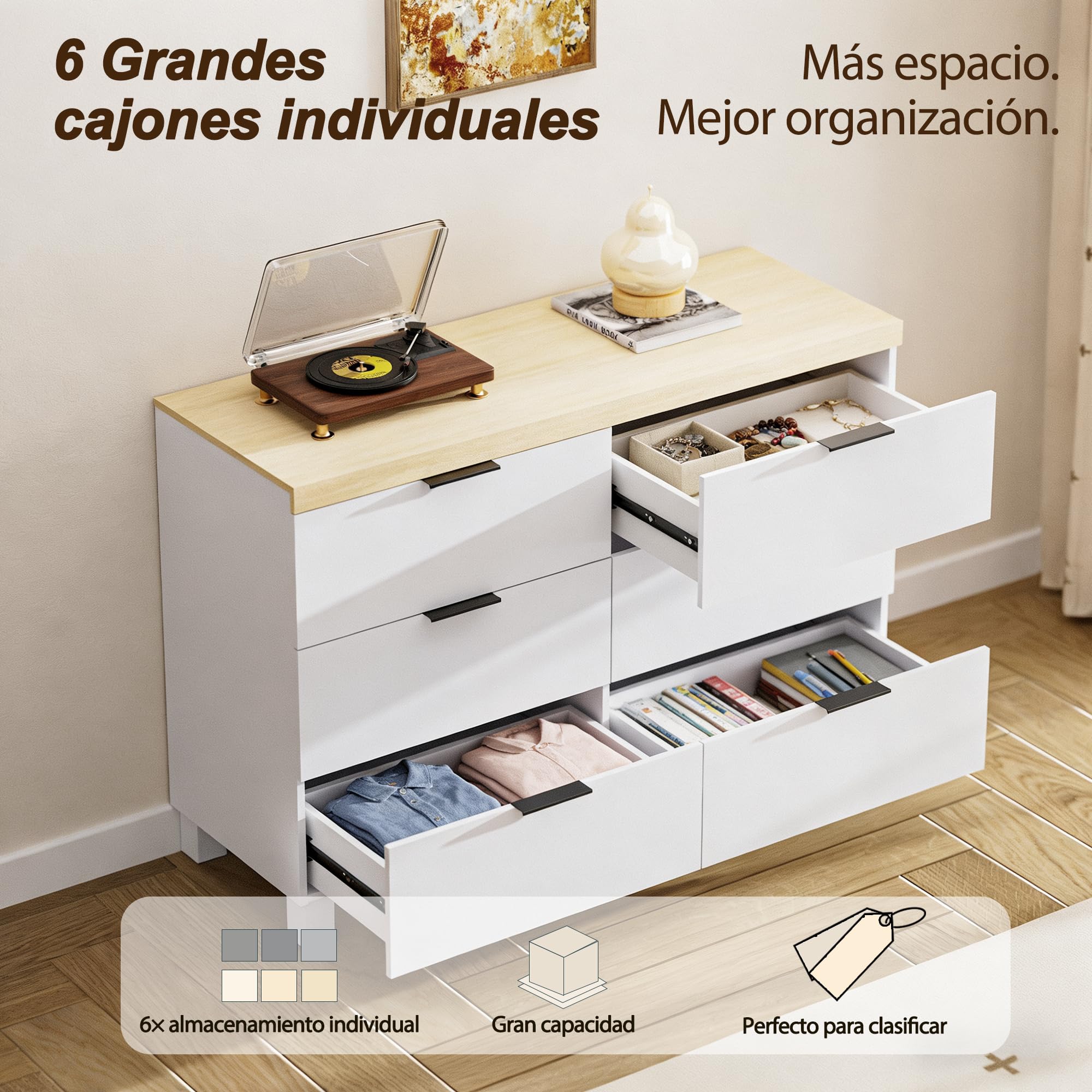 Comoda Dormitorio 6 Cajones, Cajonera Dormitorio,109×75×39 cm, Sinfonier Blanca, Gavetero Dormitorio, Mueble de Almacenamiento para Adulto (Blanca)