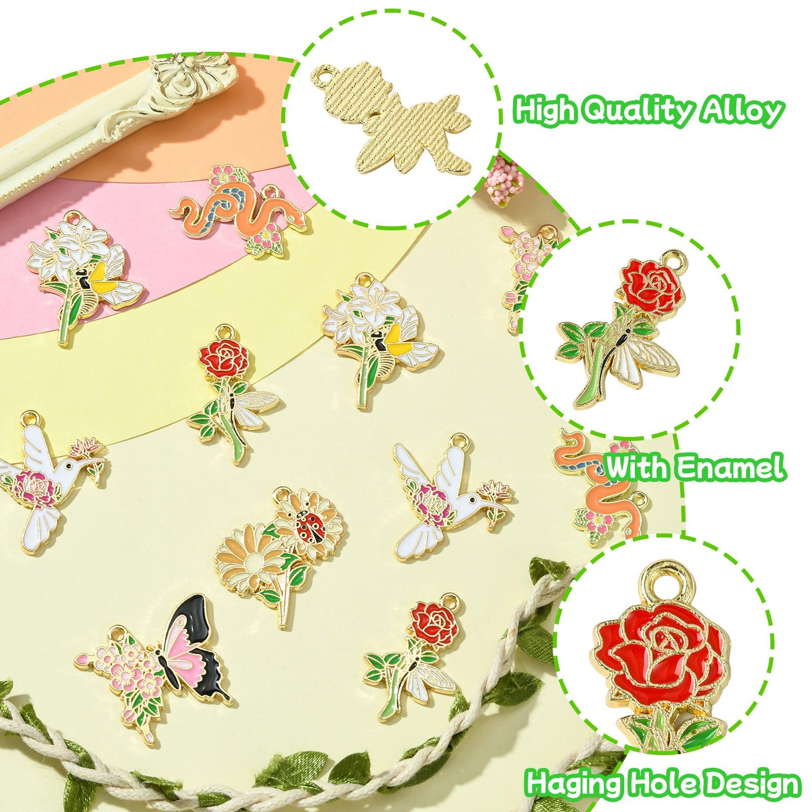 Stiesy 30Pcs 6 Styles Enamel Flower Animal Charms Butterfly Ladybird Snake Bird Charm Pendant Insect with Plant Bracelet Charms for Jewellery Making Crafting DIY Necklace Earring Presents - Image 3