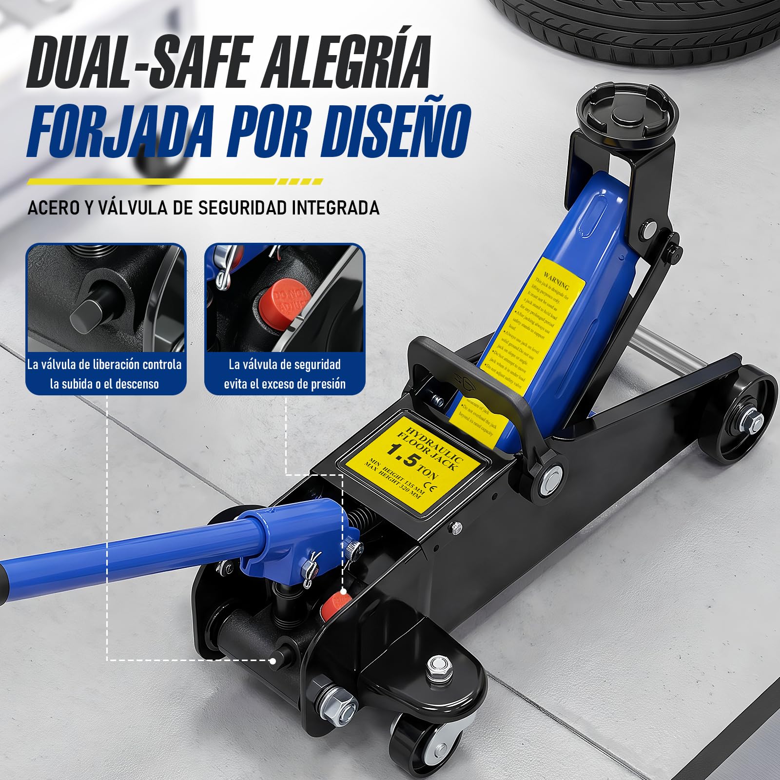 HYCHIKA - Gatos hidráulicos de 1.5T para Coches, Capacidad de Carga hidráulica, Rango de elevación de 135-320 mm, Mango Antideslizante, Ligero y portátil para Autos/SUVS/reparación de automóviles