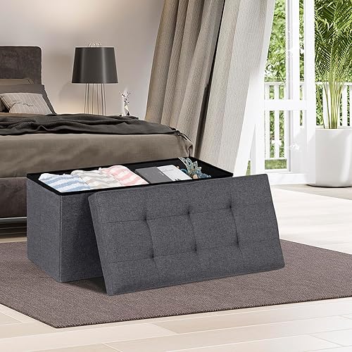 Miniatura 27 de ZENY Banco otomano plegable de almacenamiento de 43.3 pulgadas, reposapiés con asiento acolchado de espuma, ideal para dormitorio, entrada y sala de