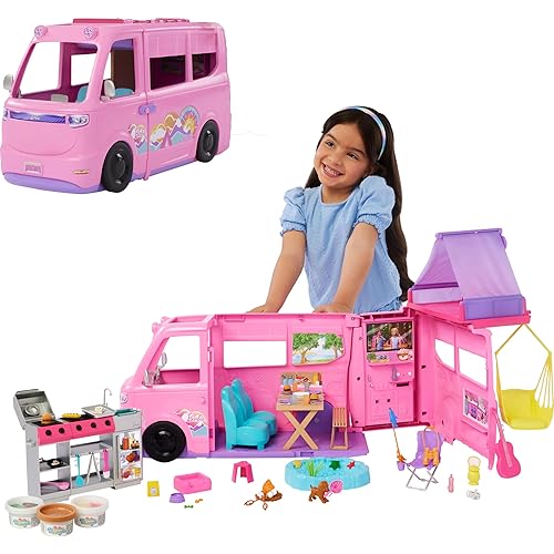 Barbie Dream Camper Playset with Roof Tent, Swing Chair, Fishing Pond, BBQ Grill with Color-Change Feature & 60+ Accessories Including Dough