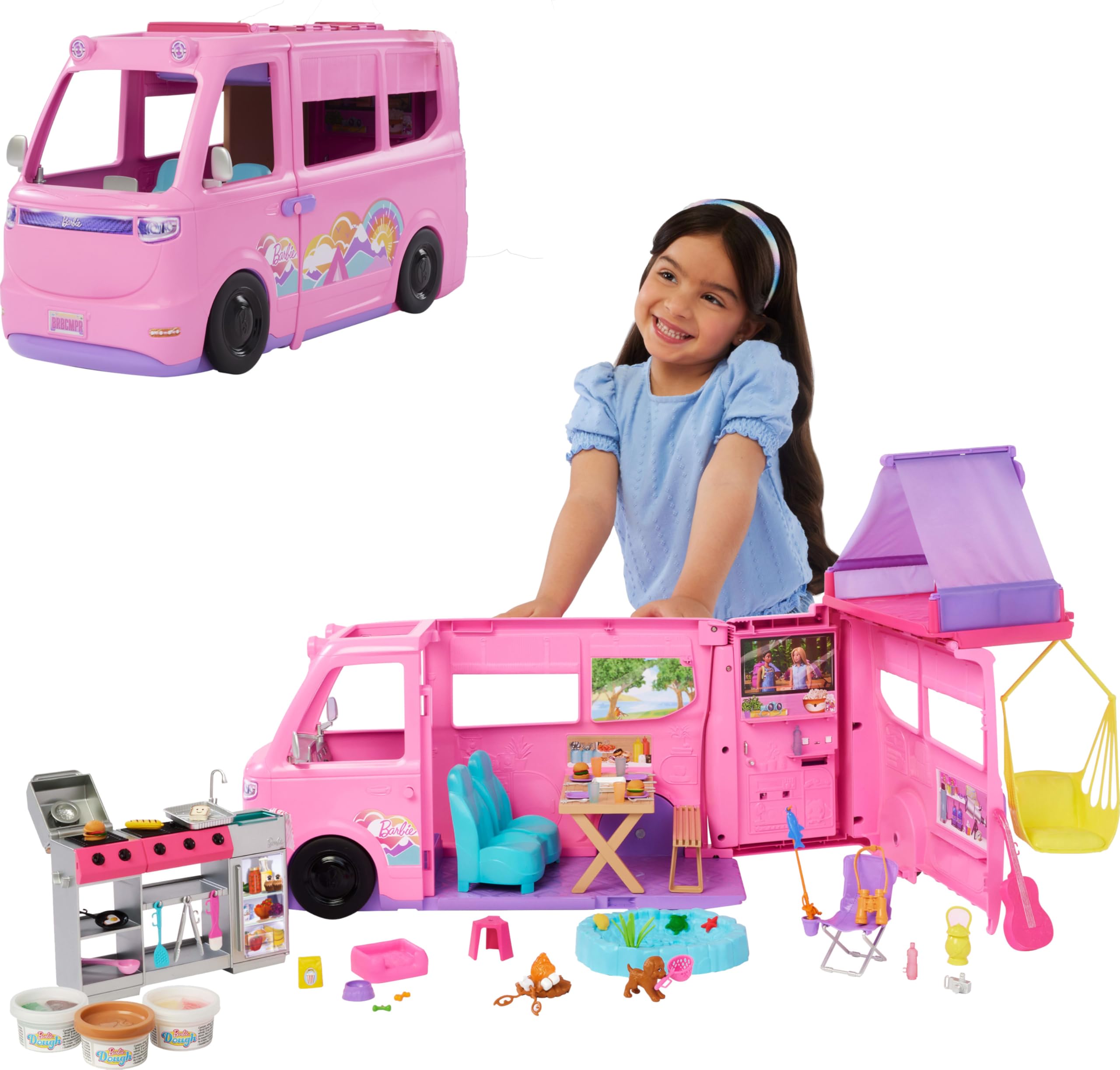 Barbie Dream Camper New for 2025 Playset with Roof Tent, Swing Chair, Fishing Pond, BBQ Grill with Color-Change Feature & 60+ Accessories Including Dough
