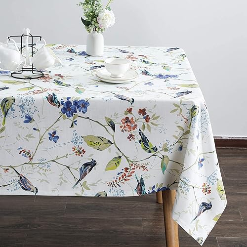 VOGOL Manteles de primavera y verano, sin arrugas, antidecoloración, mantel rectangular de lino con pájaros azules y flores para cocina, comedor,