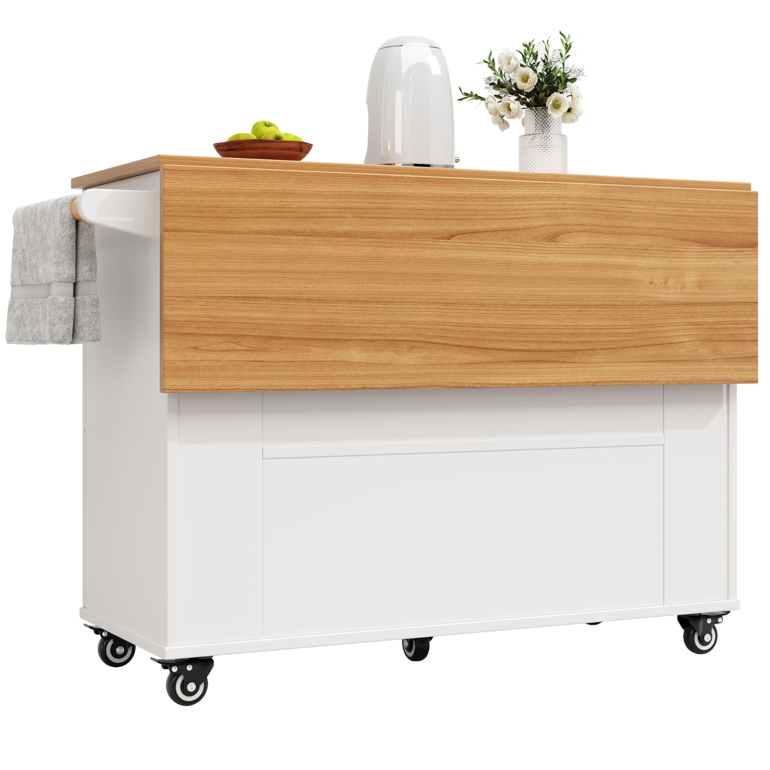 Kücheninsel 120.8 x 37.3-70x 88 cm, Küchenwagen, Küchenschrank mit Klappbarer Tischplatte, 1 Türen,1 Klapptür und 3 Schubladen, Mobiles und Festes Dual-Use-Design.MDF (Weiß)