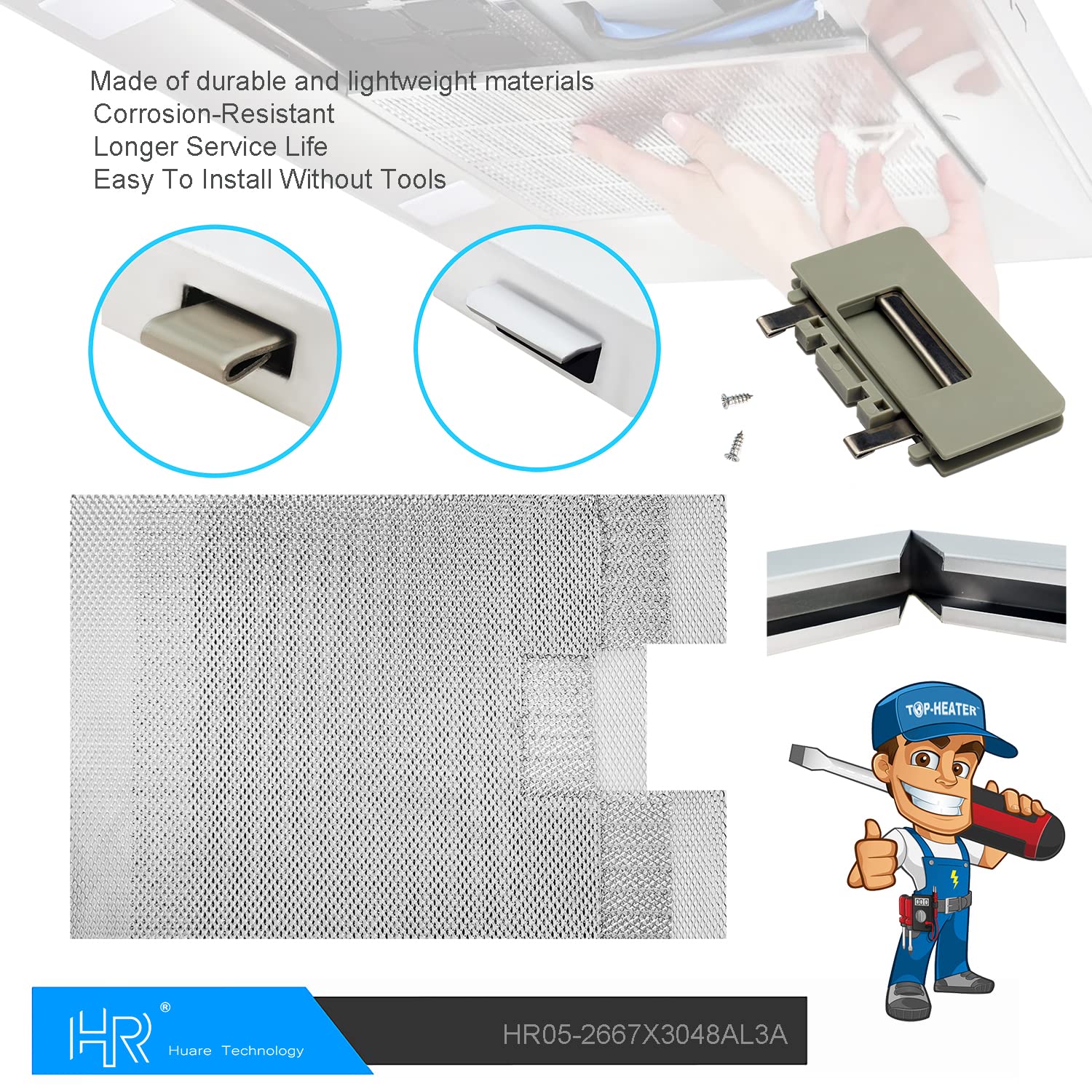 Upgraded W10169961A Range Hood Filter Replacement, Compatible with Whirlpool, 3-Layer Aluminum Mesh Vent Filter 10.5x12Inch, Huare Aluminum Range Hood Grease Filters,2PCS, (with 1 Compressed Scrubber)