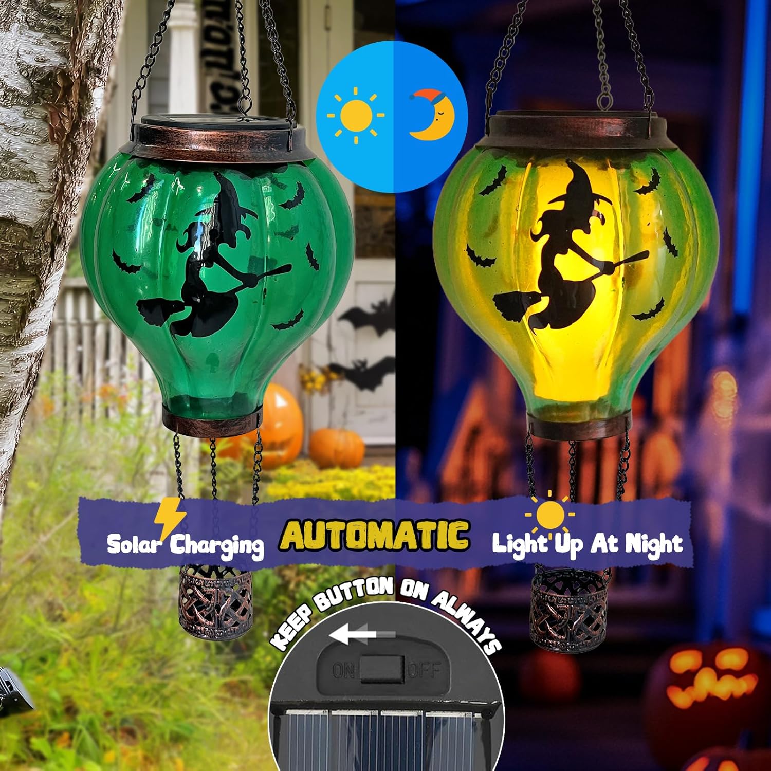Halloween Outdoor Decorations Hot Air Balloon Solar Lantern with Flickering Flame, Hanging Outdoor Lanterns with Skull Pattern Hollowed-Out Design Halloween Party Decor for Garden, Patio