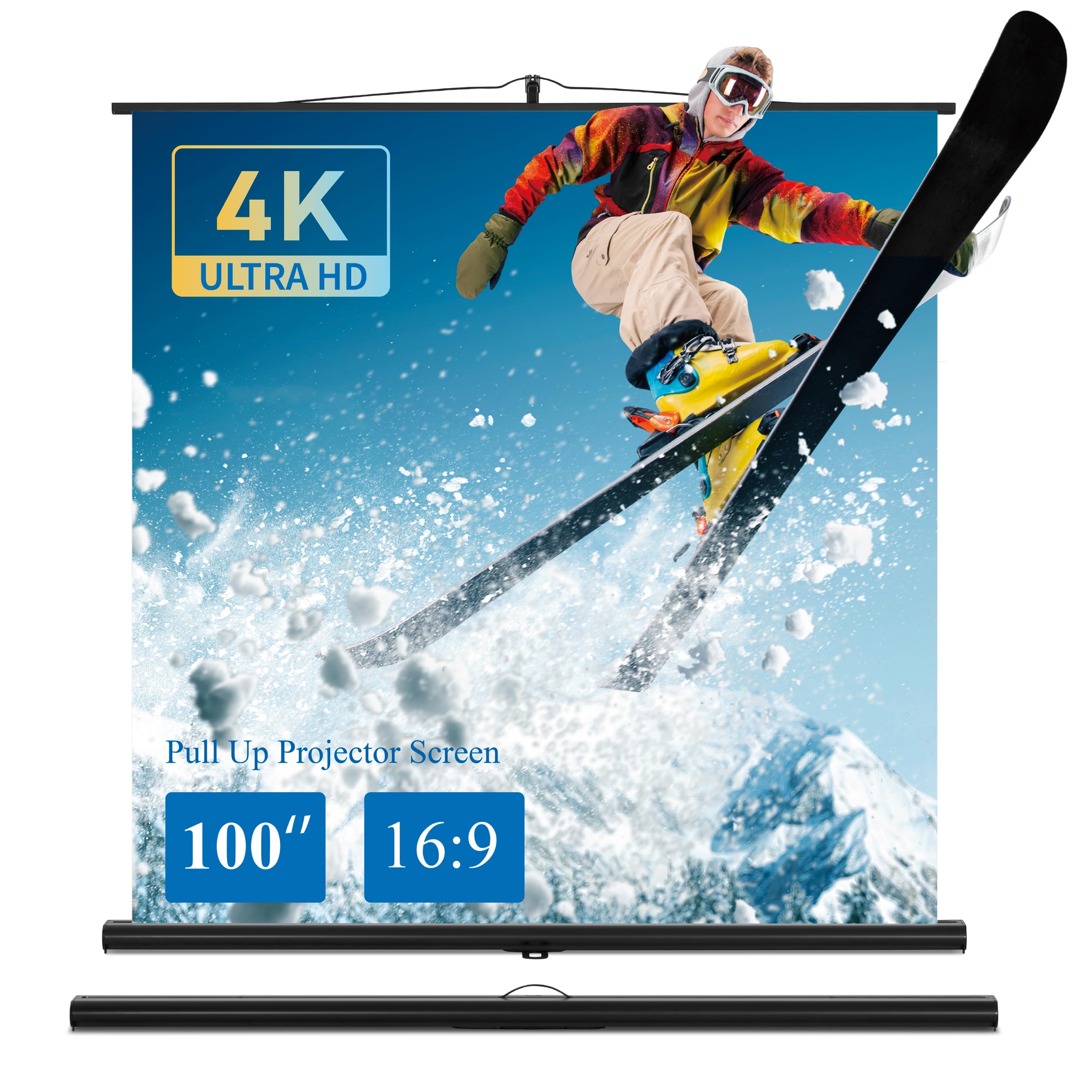 Projector Screen with Stand, Projector Screen 100 Inch 16:9, Portable Projection Screen, Ultra Short Throw Projection Possible, Pull-Up, Compact Design, Ideal for Home Cinema, Indoor/Outdoor Films