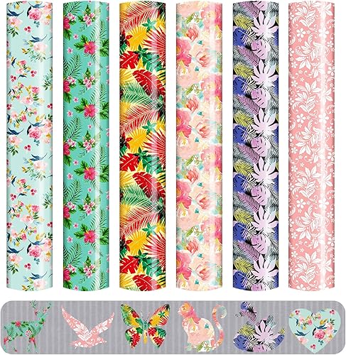 Vinilo de transferencia de calor con estampado floral, 6 hojas de 12 x 10 pulgadas, vinilo HTV con patrón floral para planchar en camisetas