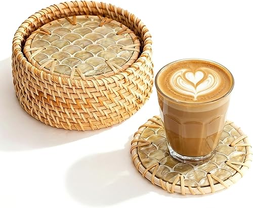 Miniatura 10 de JUNGLE CULTURE Posavasos de ratán de madreperla para bebidas con soporte • Juego de 6 posavasos redondos hechos a mano • Artículos para el hogar