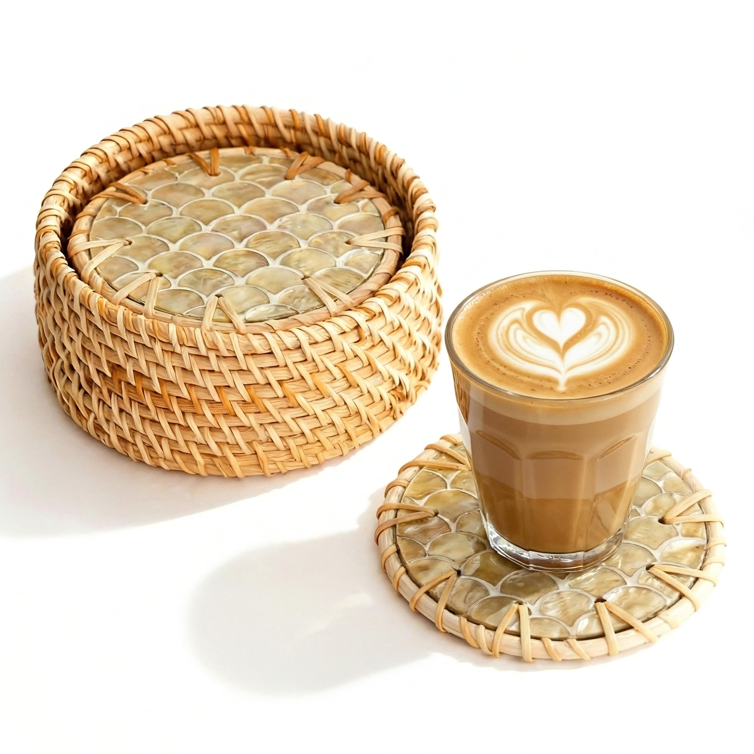 JUNGLE CULTURE Mother of Pearl Rattan Coasters for Drinks with Holder • Handmade Round Coaster Set of 6 • Wicker Homeware • Coffee Table, Mugs, Glasses, Tiki Cups • Coastal Boho - Cascade Light