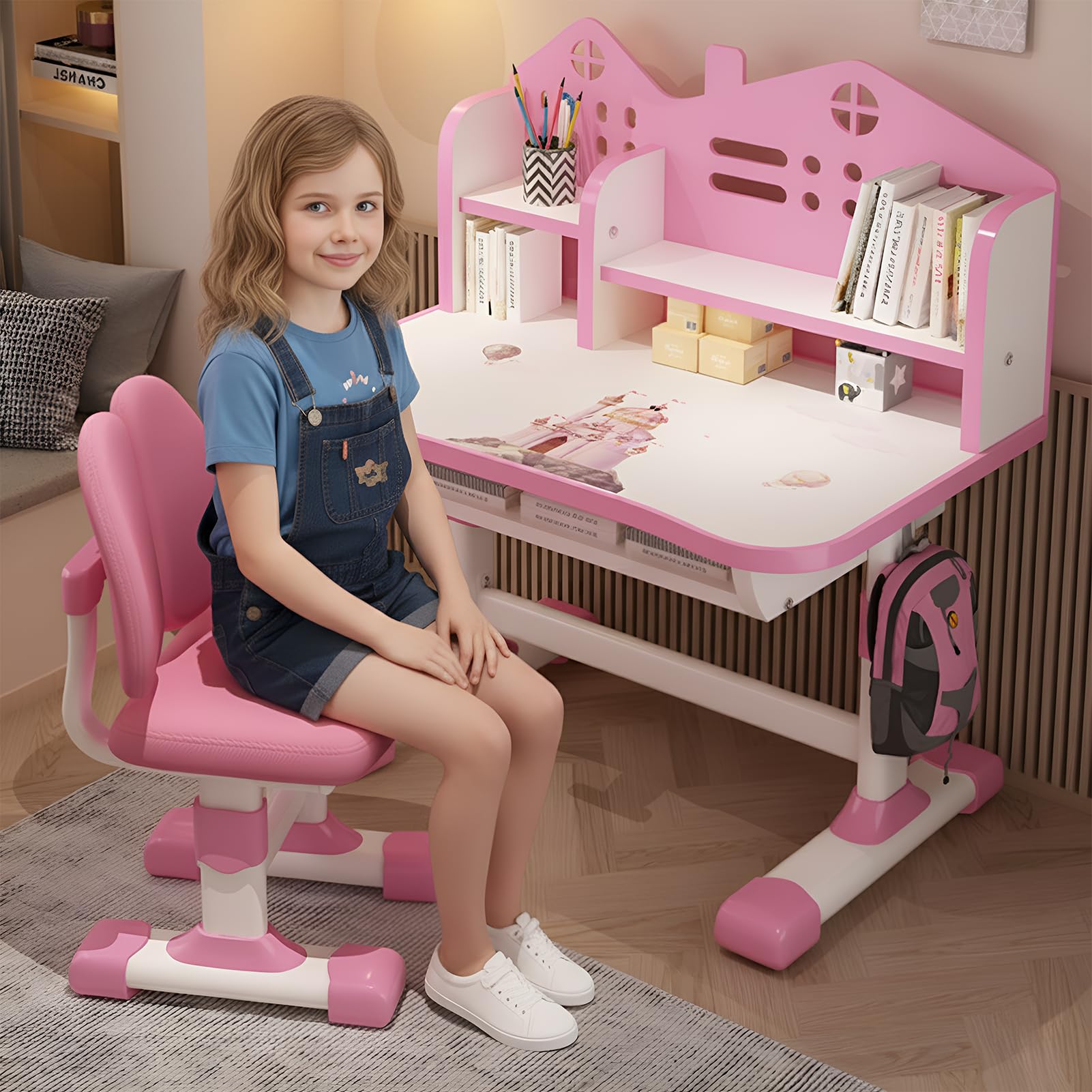 joukares Kids Study Table and Chair Set, Height Adjustable Children Desk with Storage Drawer & Shelves, for Studying, Reading, Drawing, for Kids Ages 3-12 Years (Pink)
