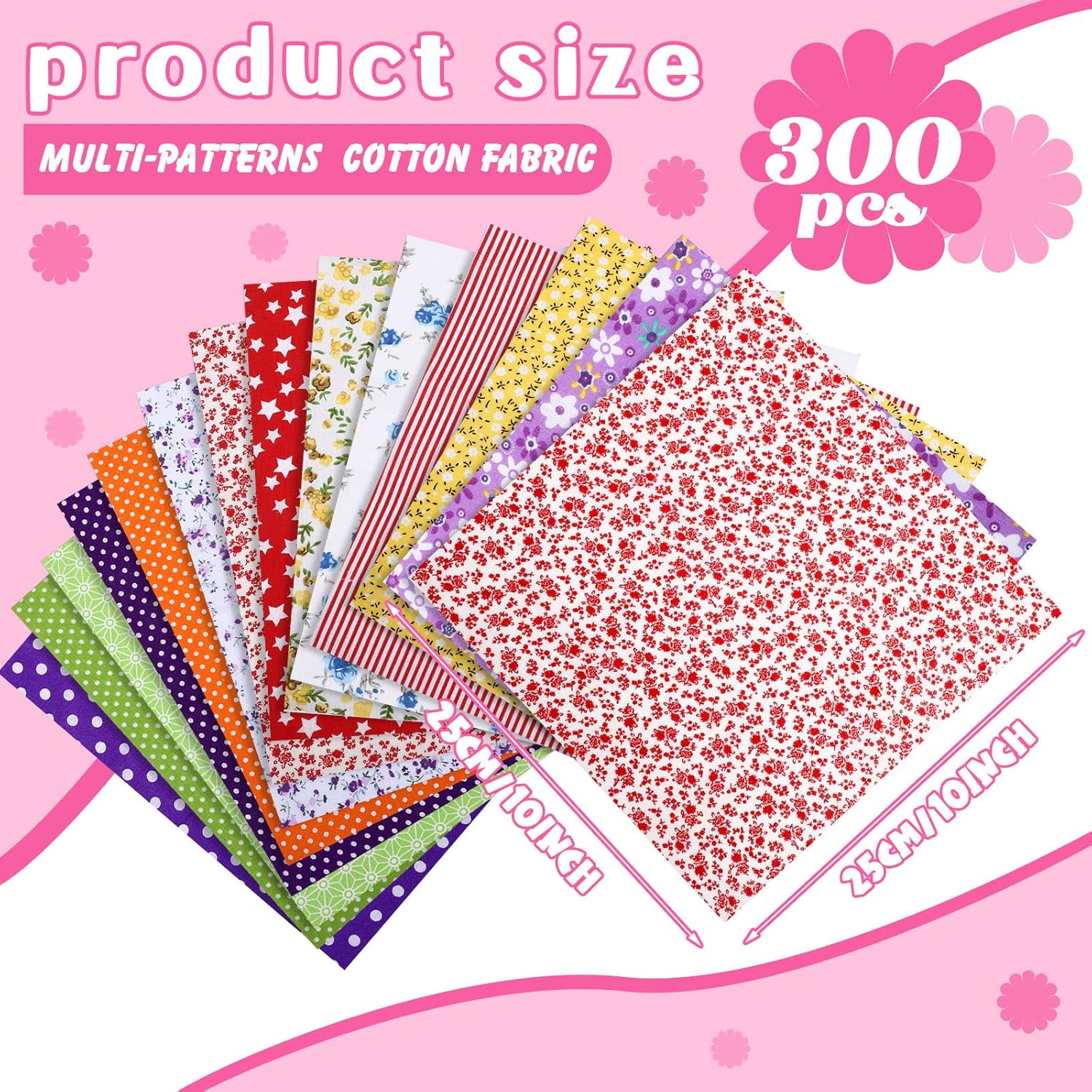 300 Pcs 10 x 10 in Cotton Fabric Square Pre Cut Patchwork Fabrics Bundles Printed Multi Color Square Patchwork for DIY Crafts Sewing Cloths Accessory