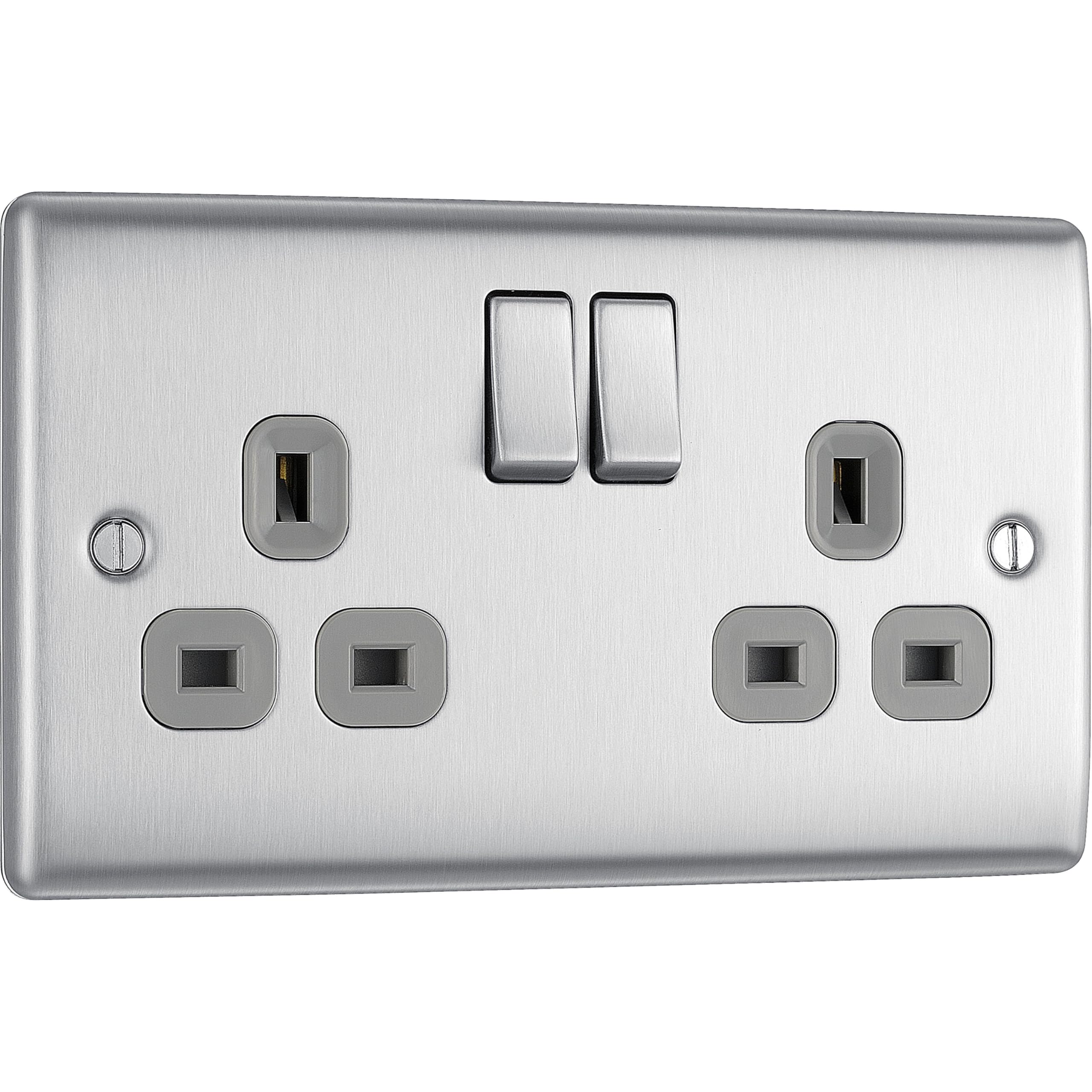 BG Electrical Double Switched Power Plug Wall Socket, Screwless, Evolve, Steel