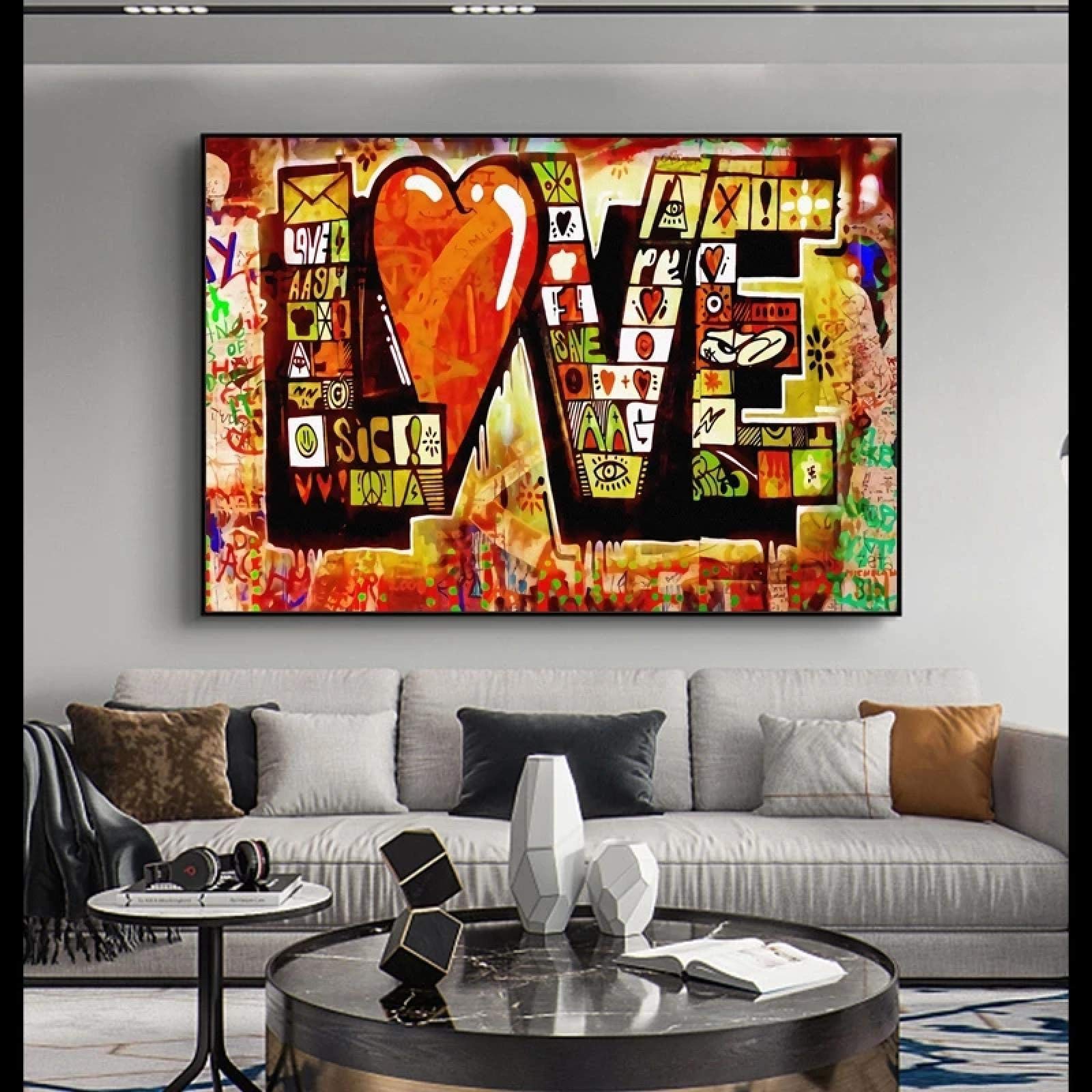 Yooyu Arte callejero Graffiti Red LOVE Pintura en lienzo Carteles abstractos modernos e impresión Imagen de arte de pared para la decoración de la sala de estar 75x135cm (30x53in) Marco negro