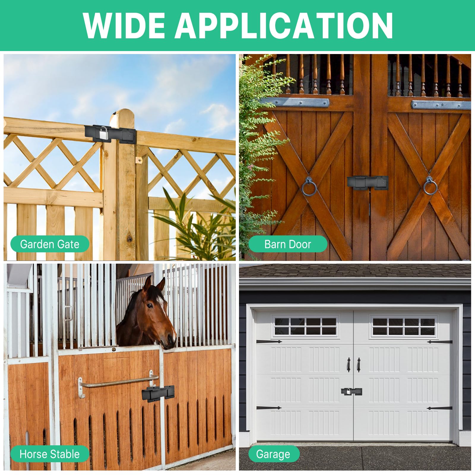 Supkiir Cerradura de puerta abatible con agujeros para candado, cerradura de puerta de granero de aleación de aluminio resistente de 4 mm, cerradura de puerta ajustable para valla al aire libre,