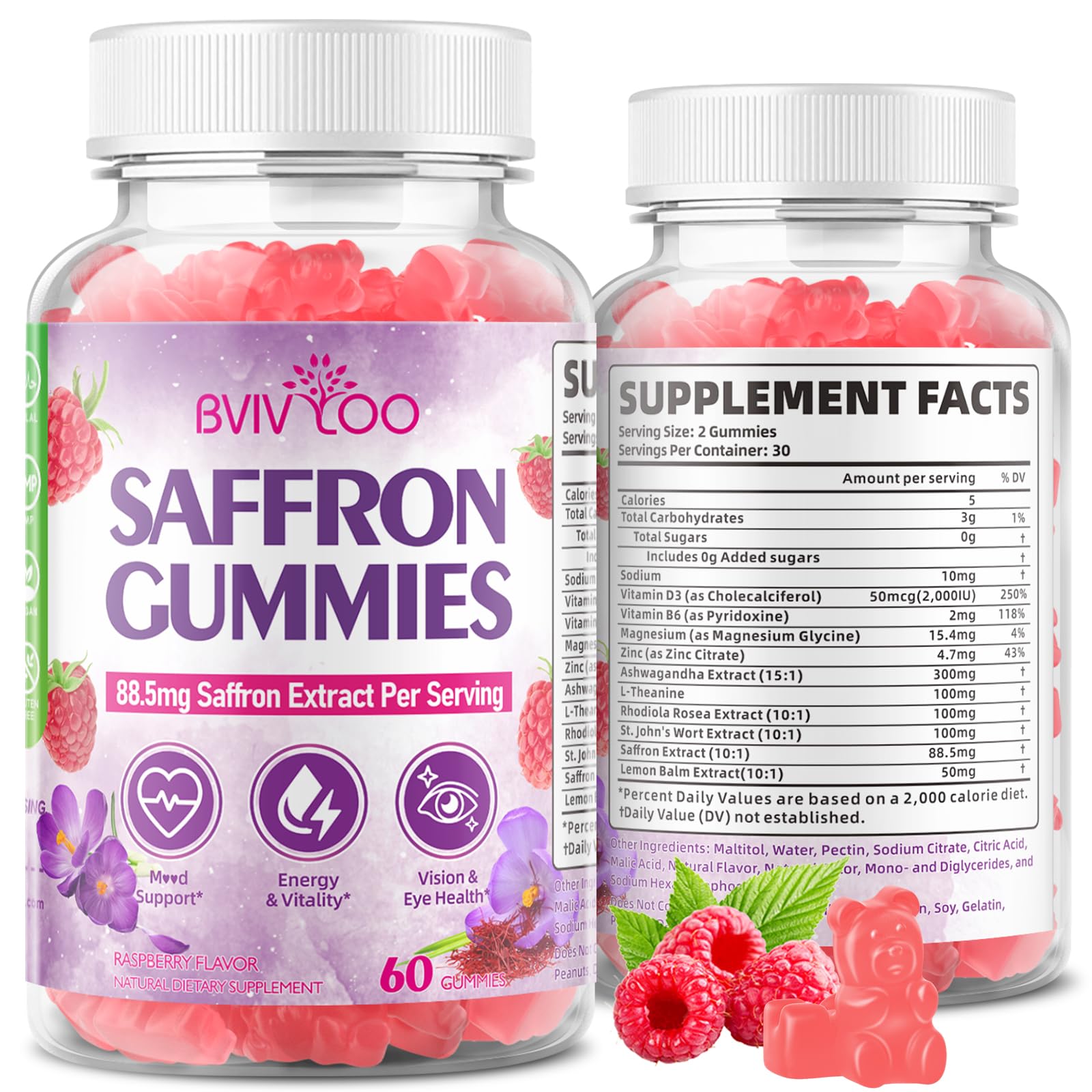 Saffron Gummies for Adult Kids, 10-IN-1 Formula with Saffron 88.5mg, Vitamins D3 & B6, Magnesium, Zinc, Ashwagandha, L-Theanine, St. John's Wort - Supports Mood & Focus, Raspberry Flavor, 60 Count 1-pack