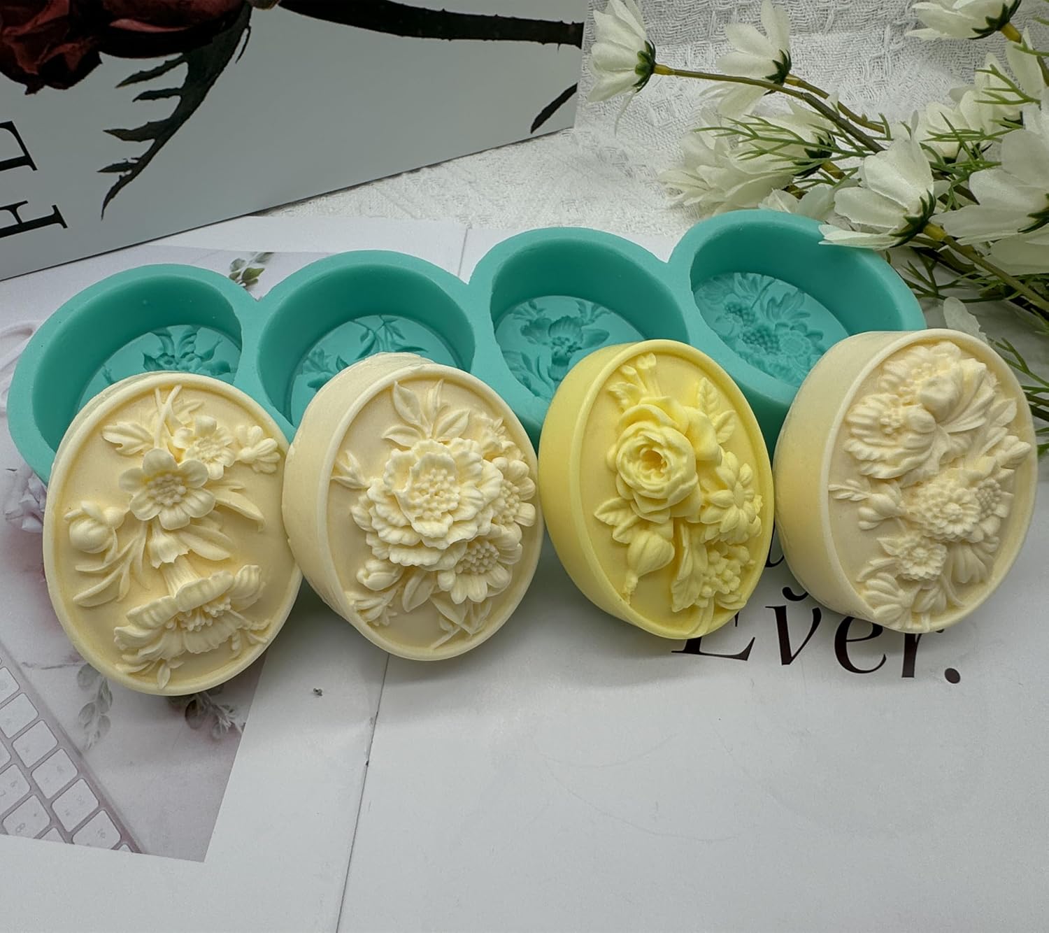 4 Cavities Oval Flower Soap Mold Candle Wax Chocolate Cake Molds,Decorated Epoxy Resin Aroma Plaster Craft Silicone Mould, Flower Silicone Mold for Soap Making