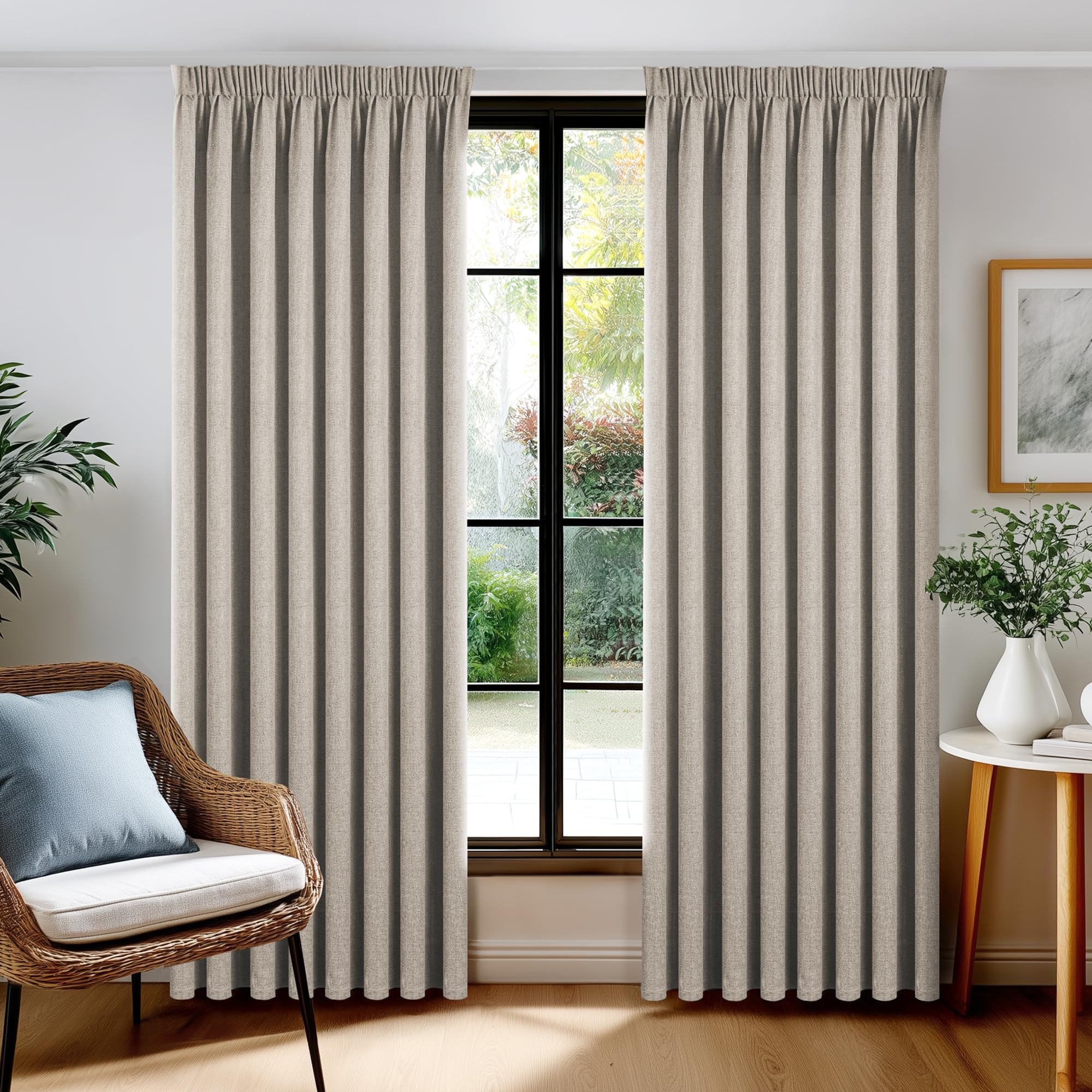 Deconovo Leinen Verdunklungsvorhang mit Kräuselband, 100% Blickdicht, Thermo & Schallschutz, Leinenoptik Blackout Gardine für Wohnzimmer