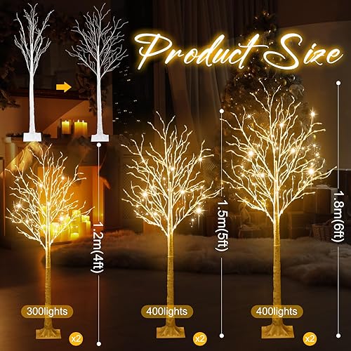 Miniatura 3 de 6 piezas de árbol de abedul iluminado de 4 pies, 5 pies y 6 pies, 8 modos de Navidad, luces LED artificiales de color blanco cálido, árbol de abedul