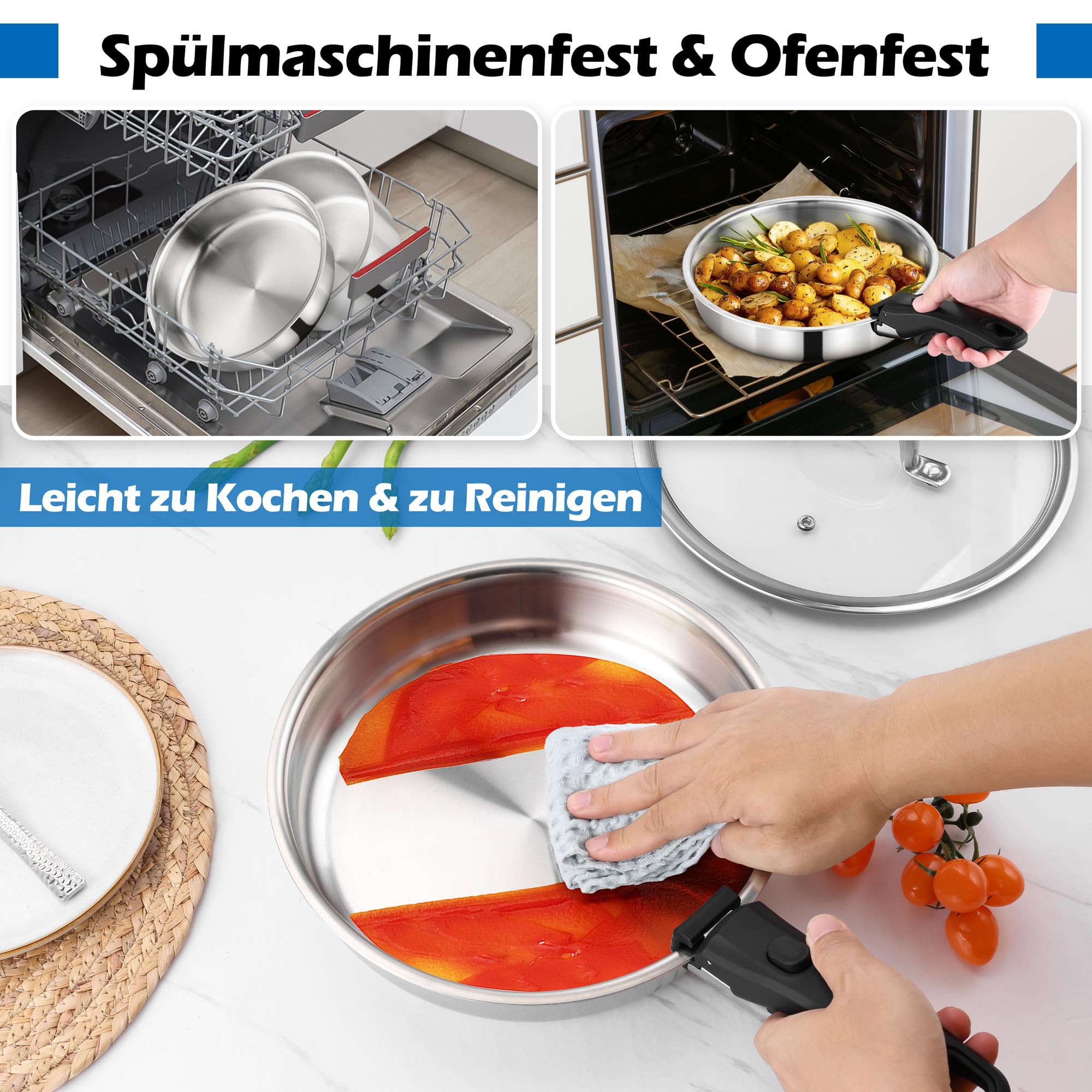 Joyfair Topfset, 9-Teilig Edelstahl Pfannenset mit Abnehmbarer Griff, Stapelbar Induktion Topfsets mit Bratpfanne, Kochtopf, Schmortopf und Deckel, für Alle Herdarten, Backofenfest & Spülmaschinenfest