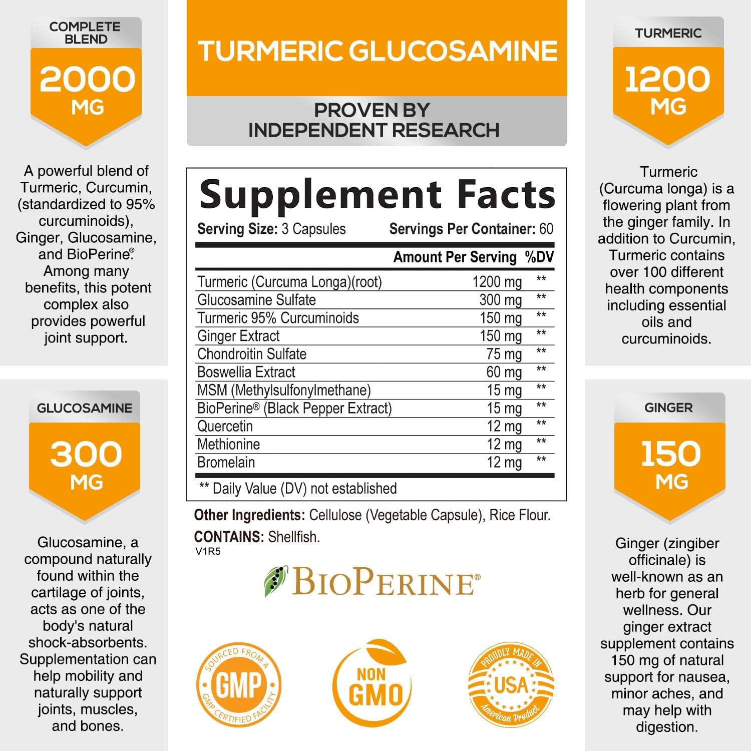 Curcumin with BioPerine & Ginger 95% Curcuminoids 2000mg - Black Pepper for Best Absorption - Natural Immune Support, Glucosamine MSM Turmeric Joint Supplement - 180 Capsules