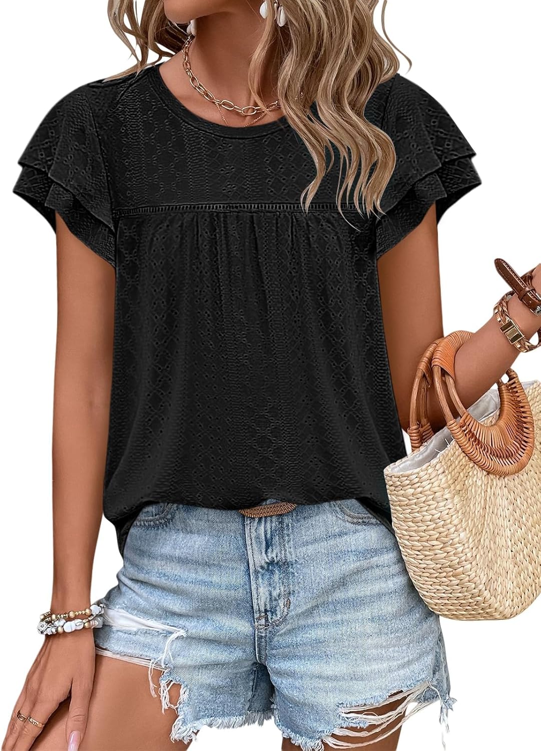 Womens Summer Tops Crewneck Ruffle Sleeve Blouses Casual Babydoll T Shirts