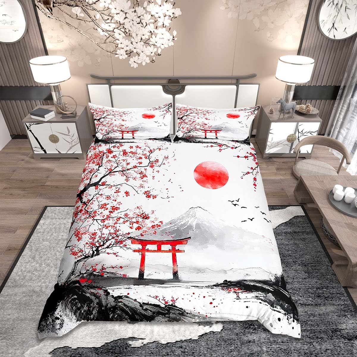 Loussiesd Cherry Blossoms Duvet Cover Set King Size Fuji Mountain Pattern Bedding Set Kids Boys Girls Sunset Nature Pattern Duvet Cover with 2 Pillowcases Japanese Style Bedding โ image 1