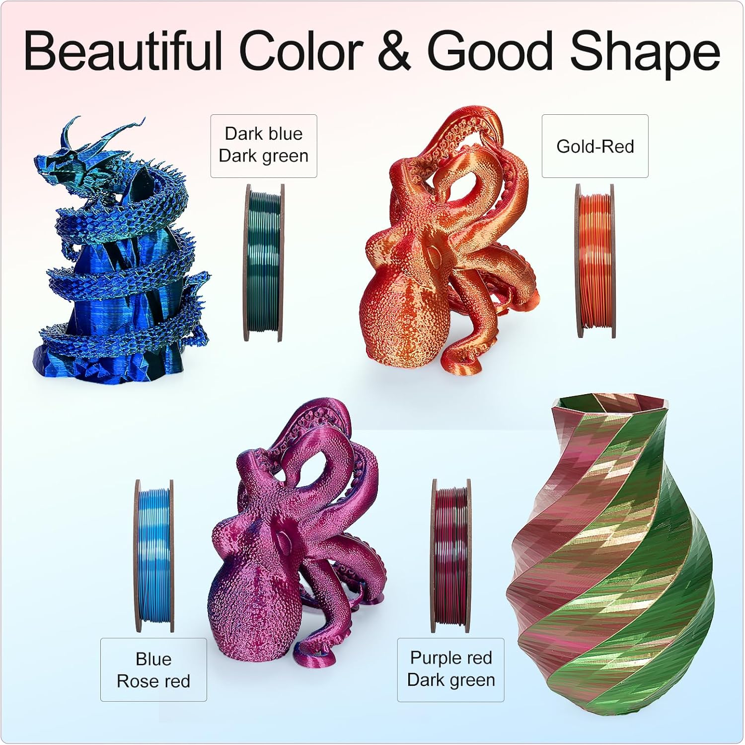 Silk Dual Color 3D Printer Filament Bundle, 1.75 mm Color Changing PLA Bundle, 4 Spools 250g Each (Rose & Blue, Red & Gold, Violet & Green, Blue & Green)