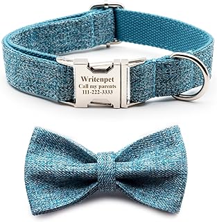 Writenpet Custom Dog Collar with Bowtie, Personalized Engraving ID Tag with Name Plate Phone Number Address, Adjustable Sizes for Small Medium Large Dogs, Matching Leash Optional (SkyÂ BlueÂ Suit)