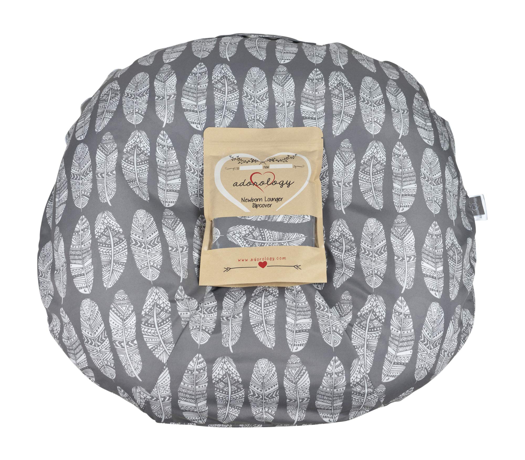 Newborn Lounger Slipcover | Gray White Feather Design | Water Resistant Infant Pillow Cover | Great Baby Shower Gift for Any Mom to Be by Adorology