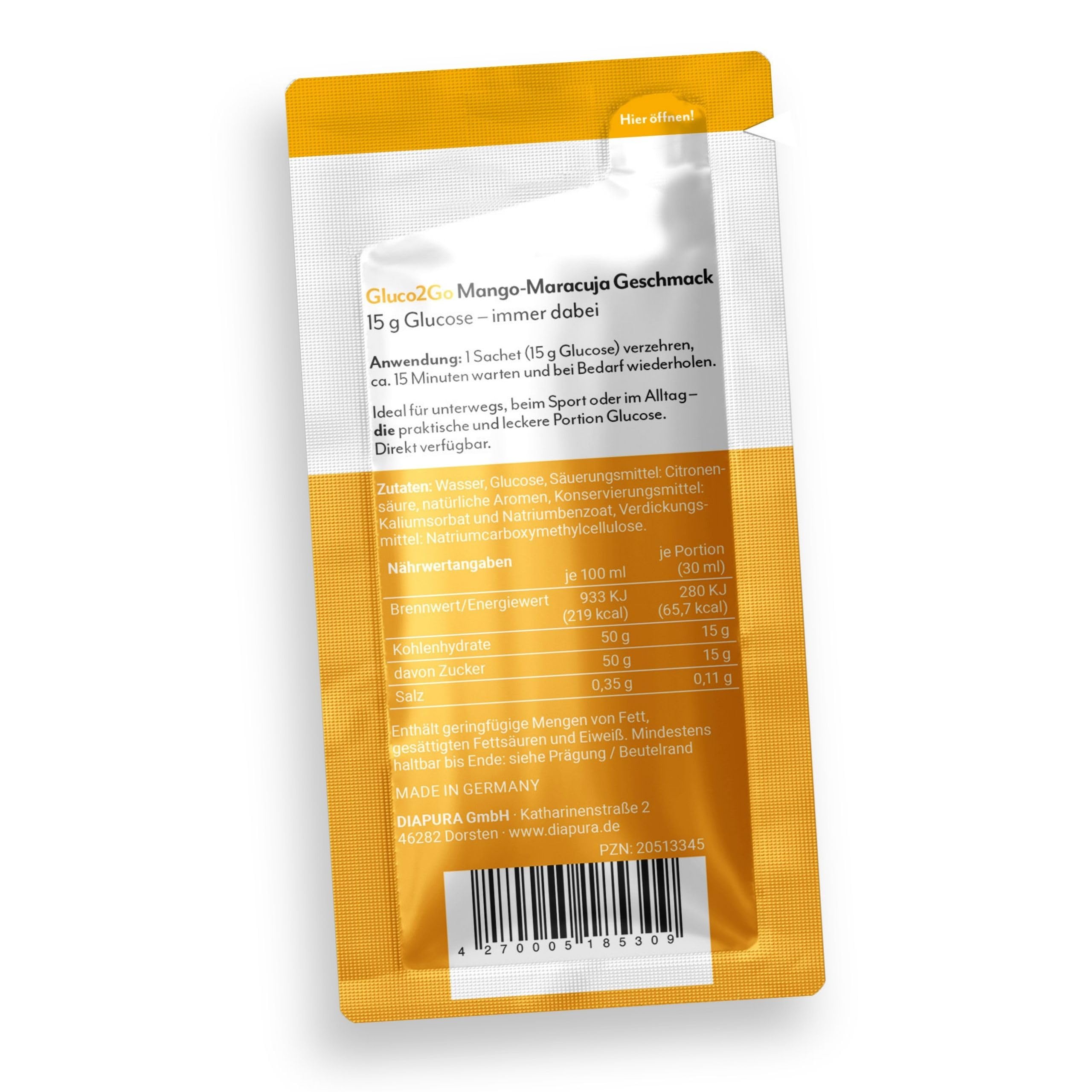 Gluco2Go Gel di glucosio, 15 g di glucosio per porzione, 12 x 30 ml | Glucosio liquido, pronto all'uso, bustine monodose, regola 15-15 per l'ipoglicemia, gusto Mango-Maracuja, Made in Germany