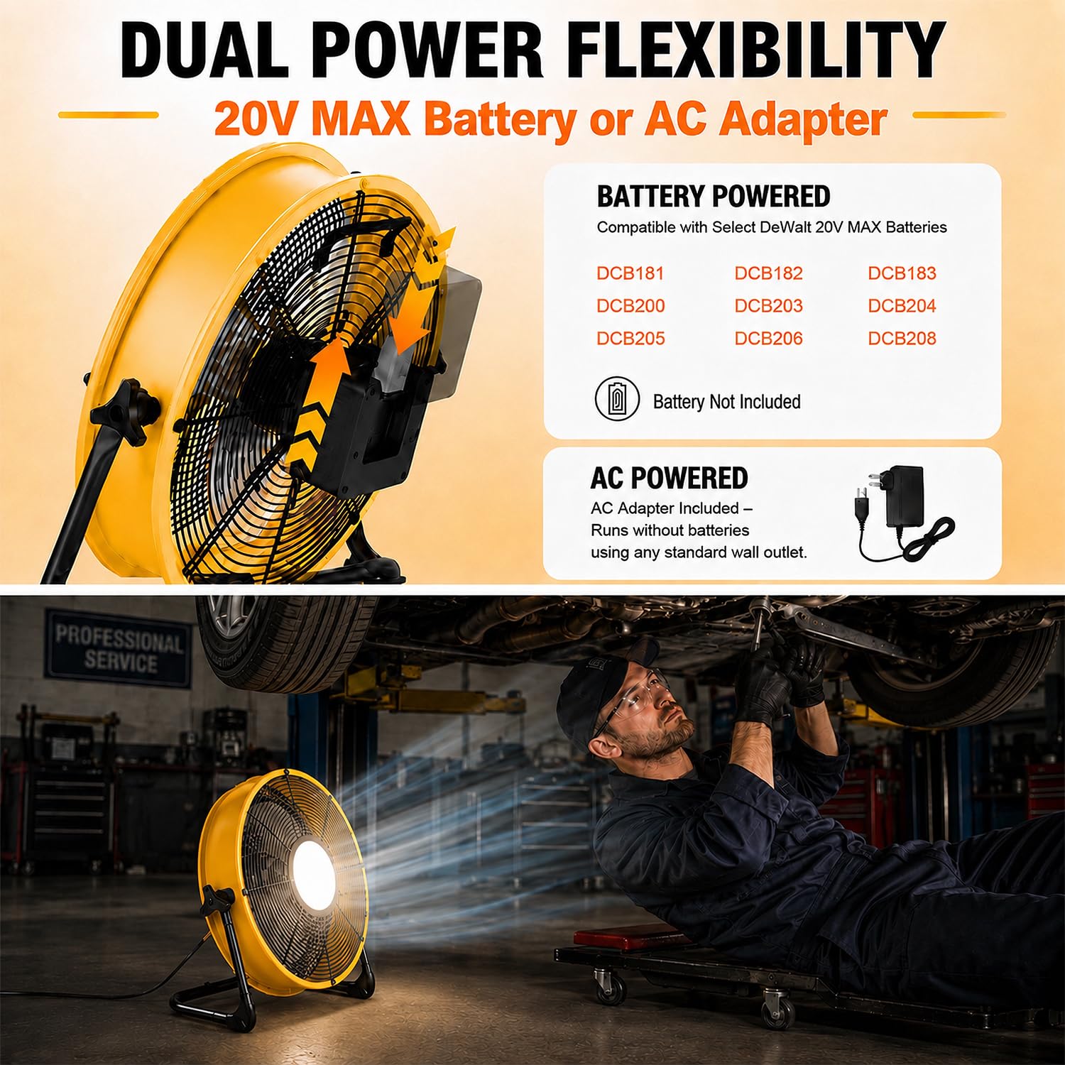 T-SUN Wiederaufladbarer Bodenventilator, 30,5 cm, kompatibel mit Dewalt 18 V/20 V Akku-Ventilator mit LED-Licht, USB-Typ-C-Anschluss, stufenlose Geschwindigkeiten, kabelloser Industrieventilator für