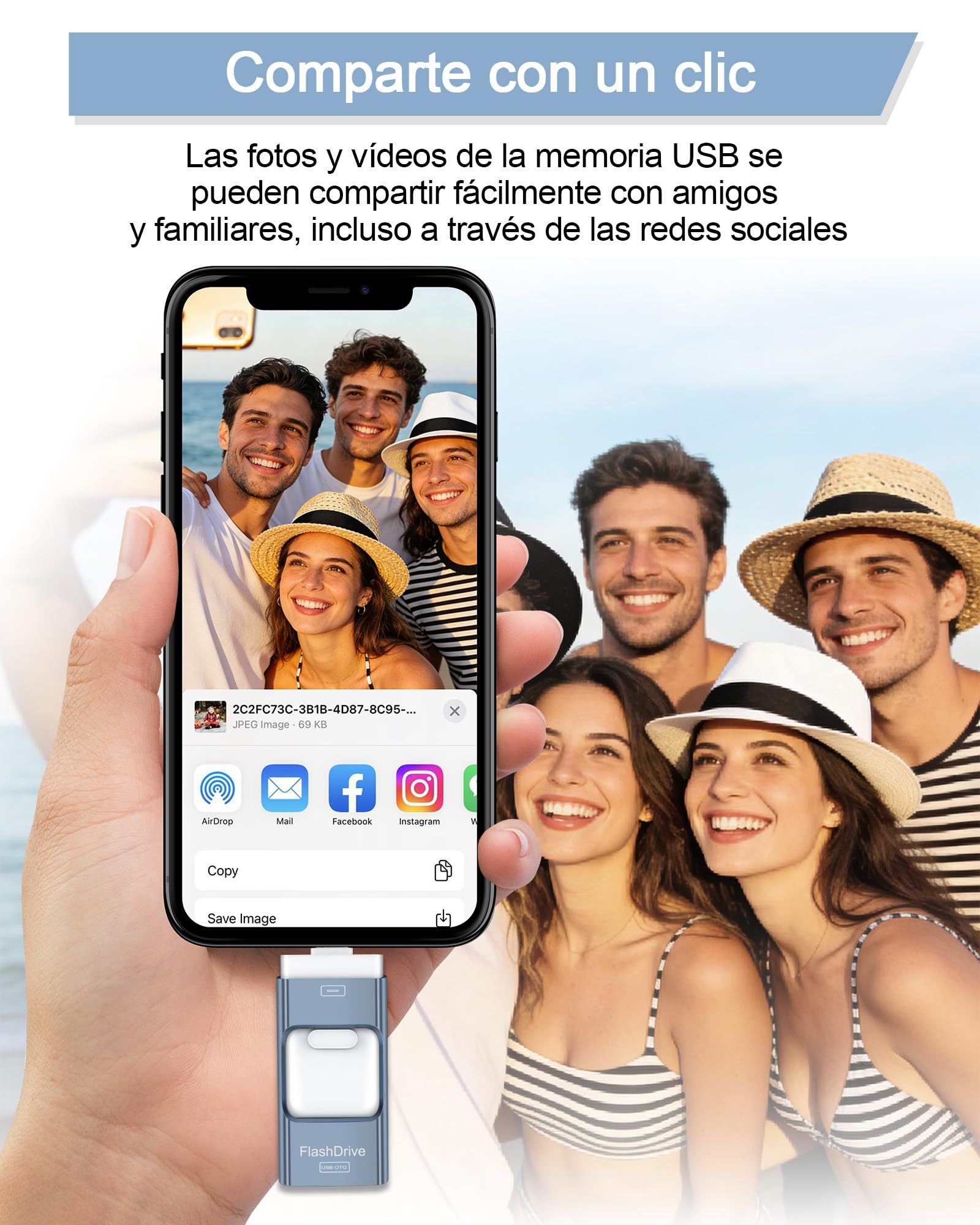 ZARMST Memoria USB 256GB para i-Phone y Android, Pendrive 4 en 1 USB 3.0 con L-ightning/USB-C/Micro USB/USB-A, Memoria Externa para Móvil, Almacenamiento de Fotos y Vídeos, Azul