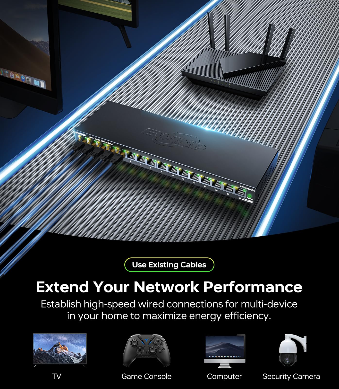 EWIND Commutateur Ethernet Gigabit 16 ports amélioré 2025 avec prévention des LED et des boucles, protection à vie, commutateur réseau non géré Plug & Play, silencieux sans ventilateur, répartiteur